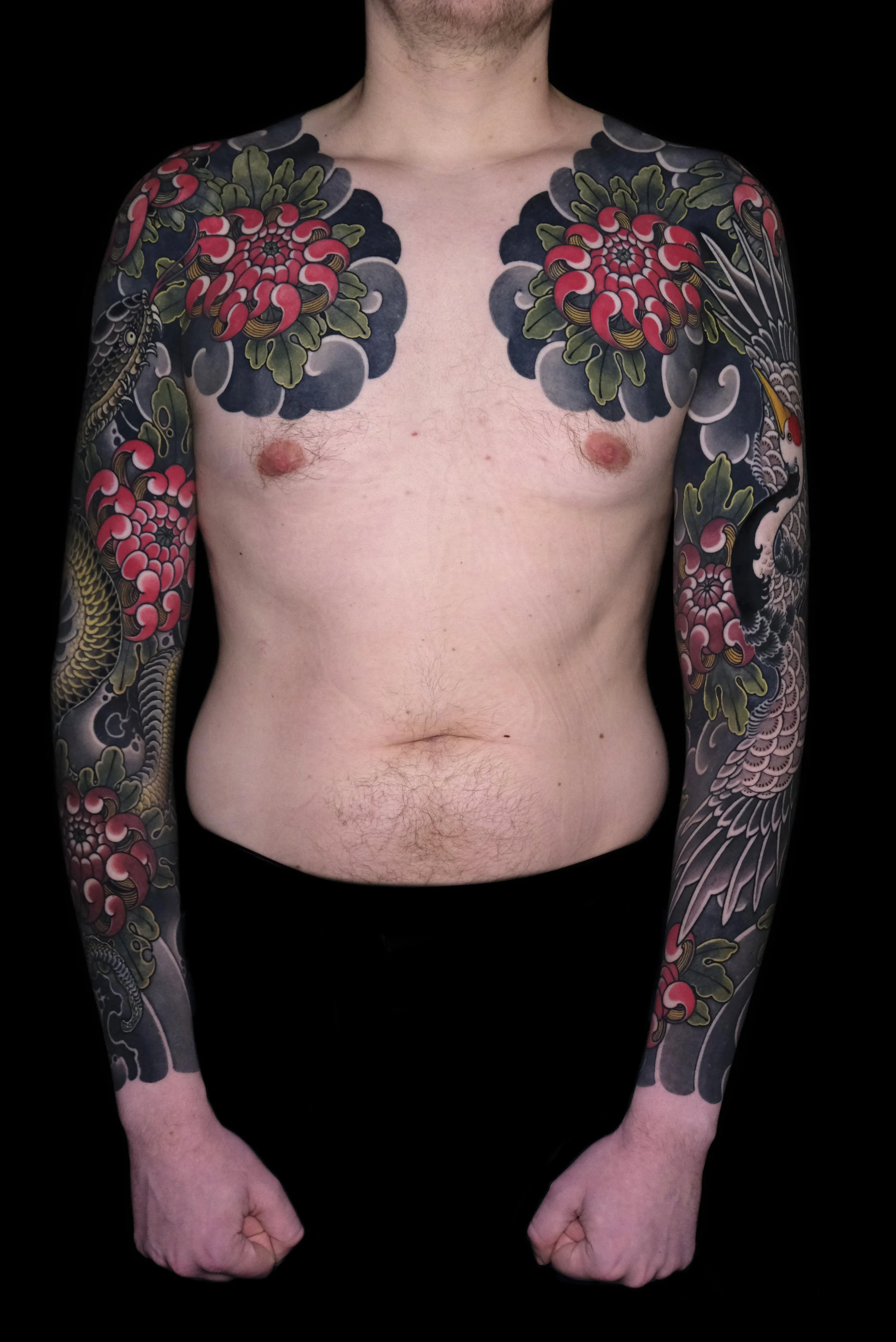 crane bird, snake, traditional Japanese tattoo