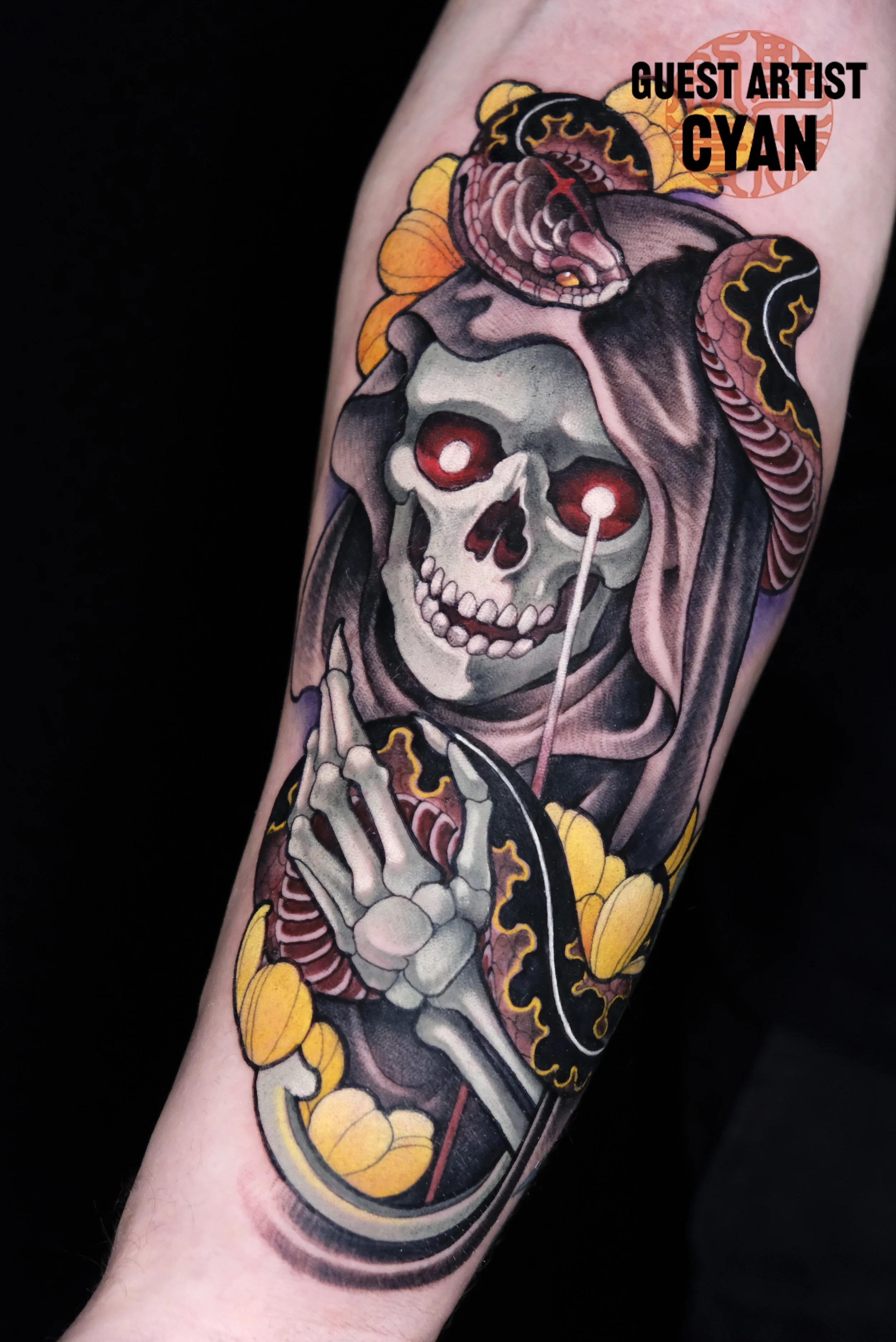 neo traditional skull and snake tattoo by Cyan