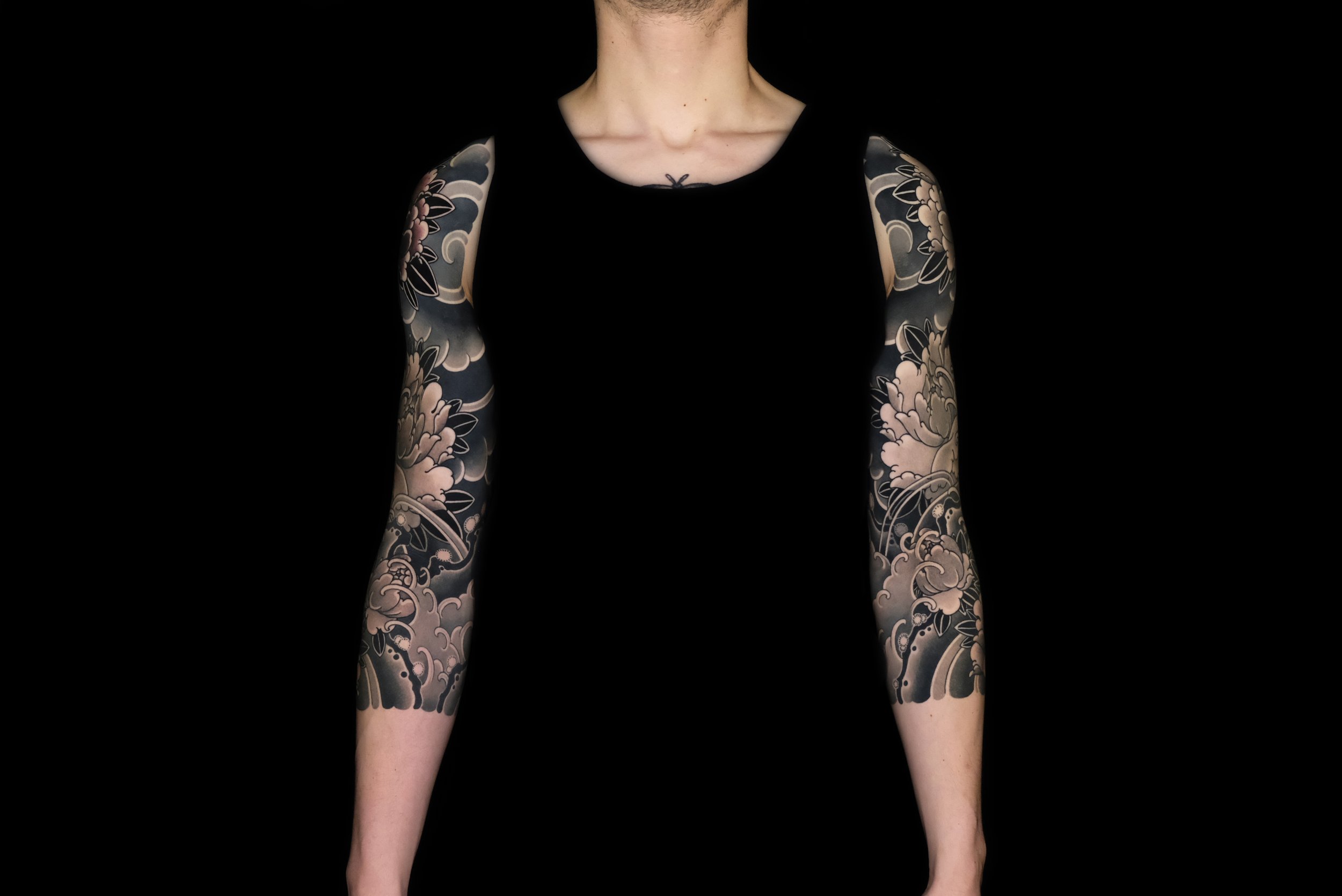 peony flowers, Japanese tattoo, traditional Japanese