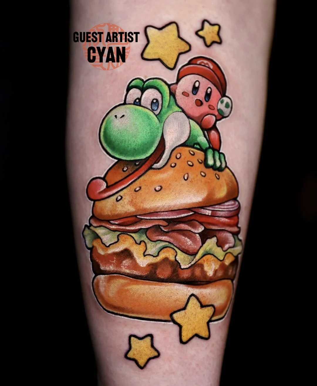 anime neo traditional Yoshi and Kirby tattoo by Cyan