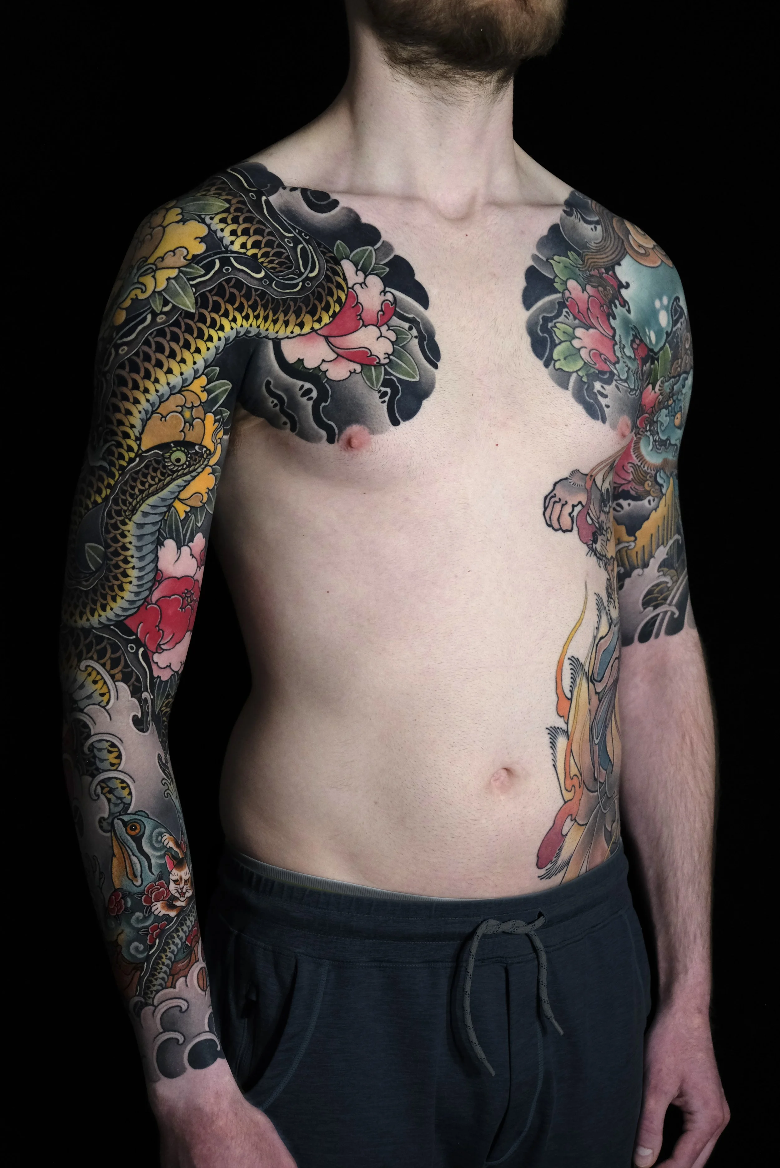 traditional Japanese tattoo frogs, snake, and peonies