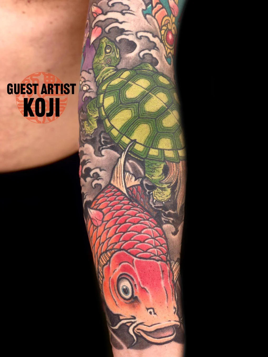 traditional Japanese koi fish and turtle tattoo by Koji