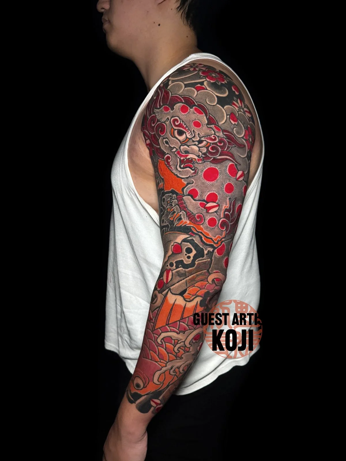 Japanese fu-dog and koi-fish tattoo full sleave by guest artist Koji