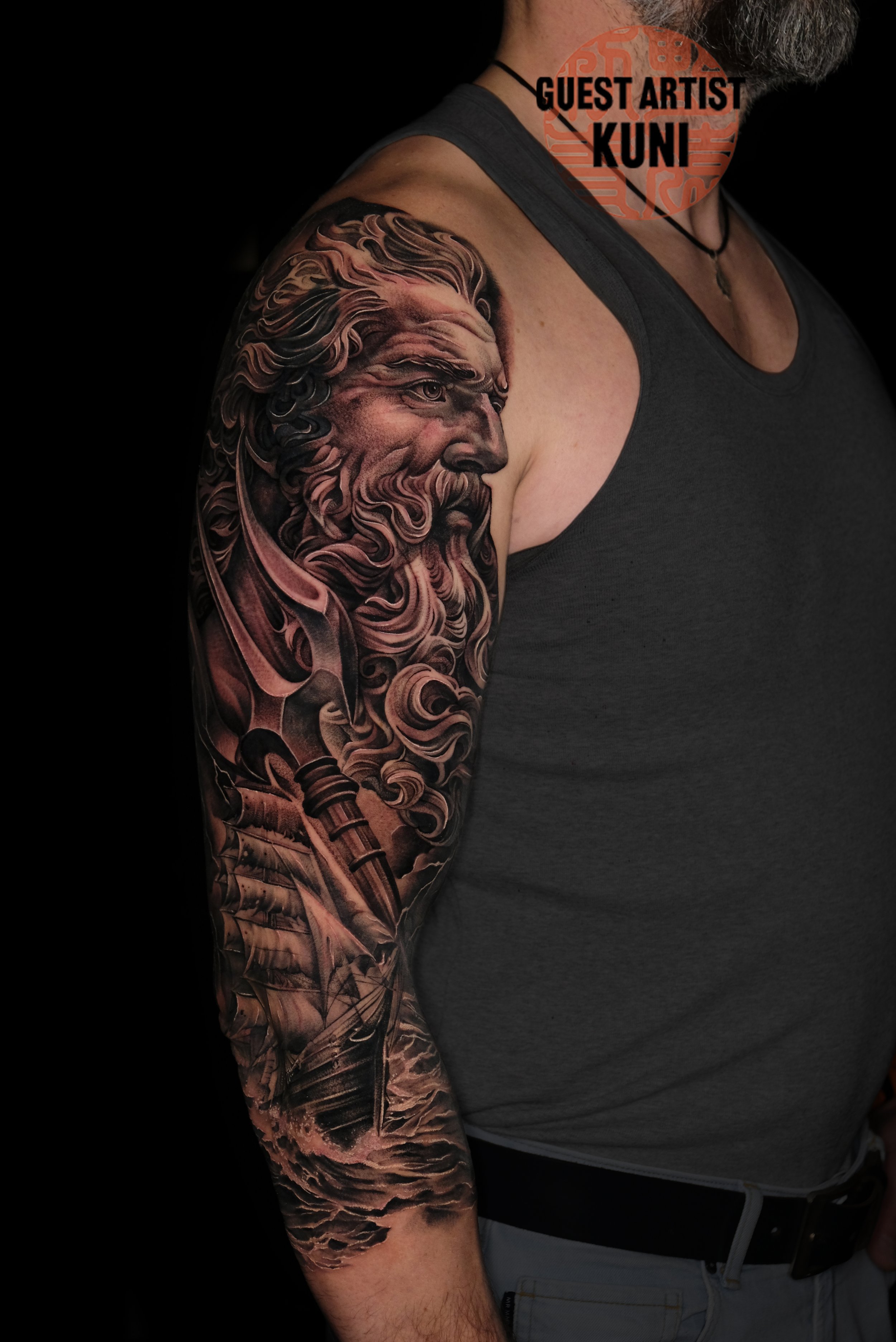 Poseidon and ship tattoo by Kuni