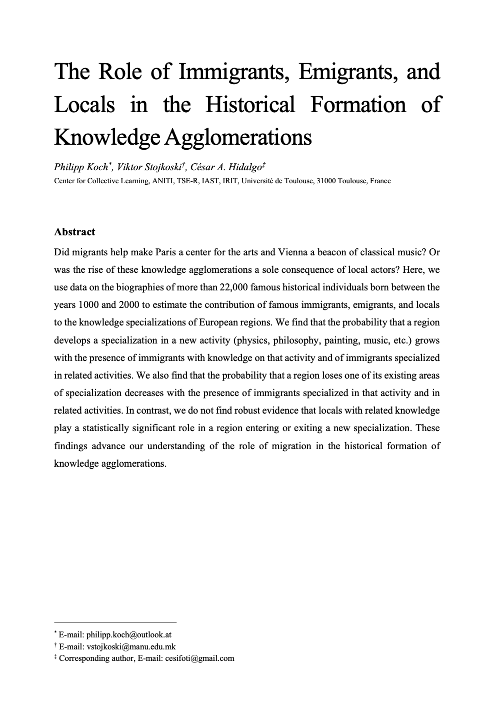 The Role of Immigrants, Emigrants, and Locals in the Historical Formation of Knowledge Agglomerations. Koch, P., Stojkoski, V. &amp; Hidalgo, C. A. (2022)