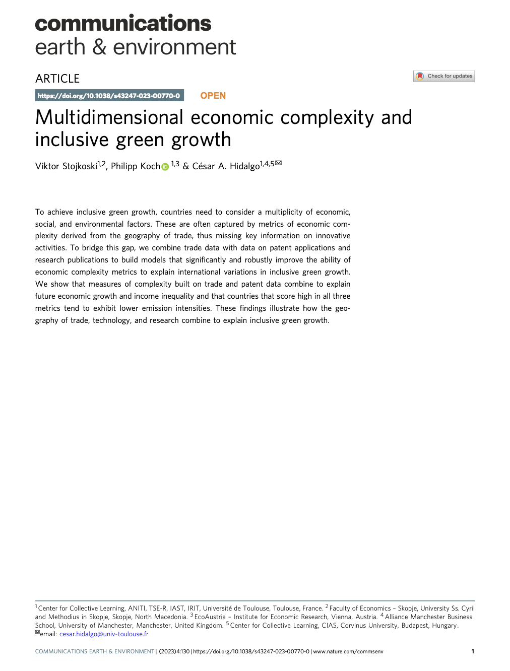Multidimensional economic complexity and inclusive green growth. Stojkoski, V., Koch, P. &amp; C.A. Hidalgo (2023)