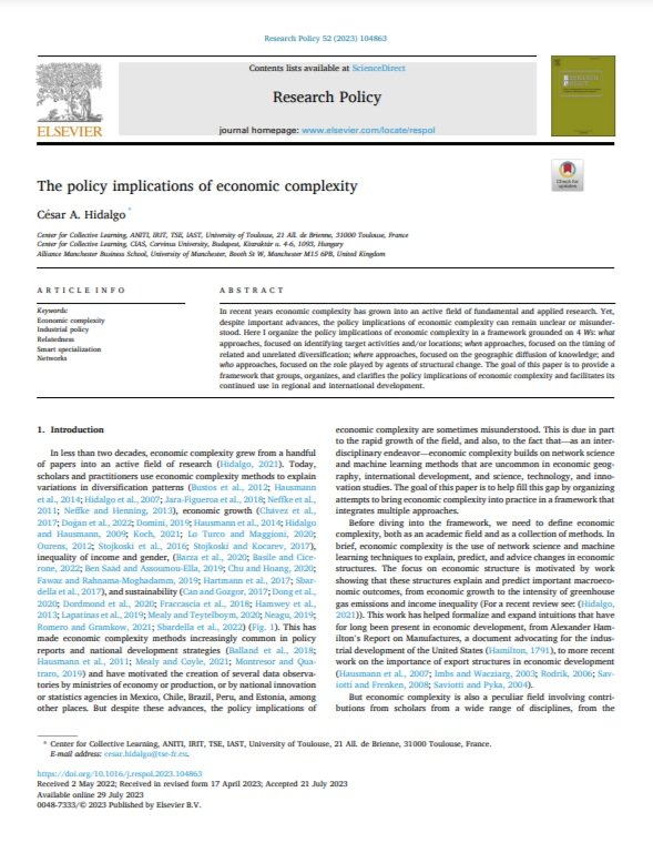 The policy implications of economic complexity.  C.A. Hidalgo, Research Policy (2023)