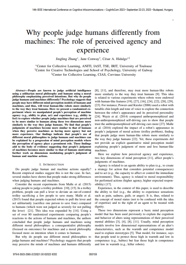 Why people judge humans differently from machines: The role of perceived agency and experience. J. Zhang, J. Conway, C. A. Hidalgo  (2023)