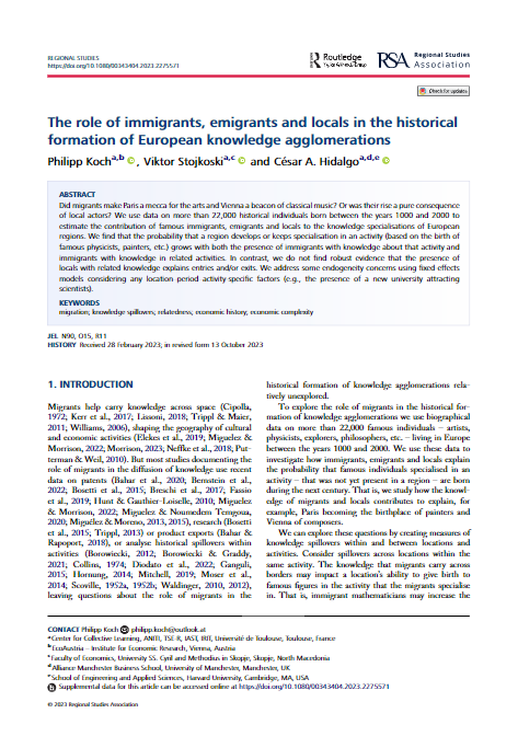 The Role of Immigrants, Emigrants and Locals in The Historical Formation of European Knowledge Agglomerations. P. Koch, V. Stojkoski &amp; C. A. Hidalgo. (2023)