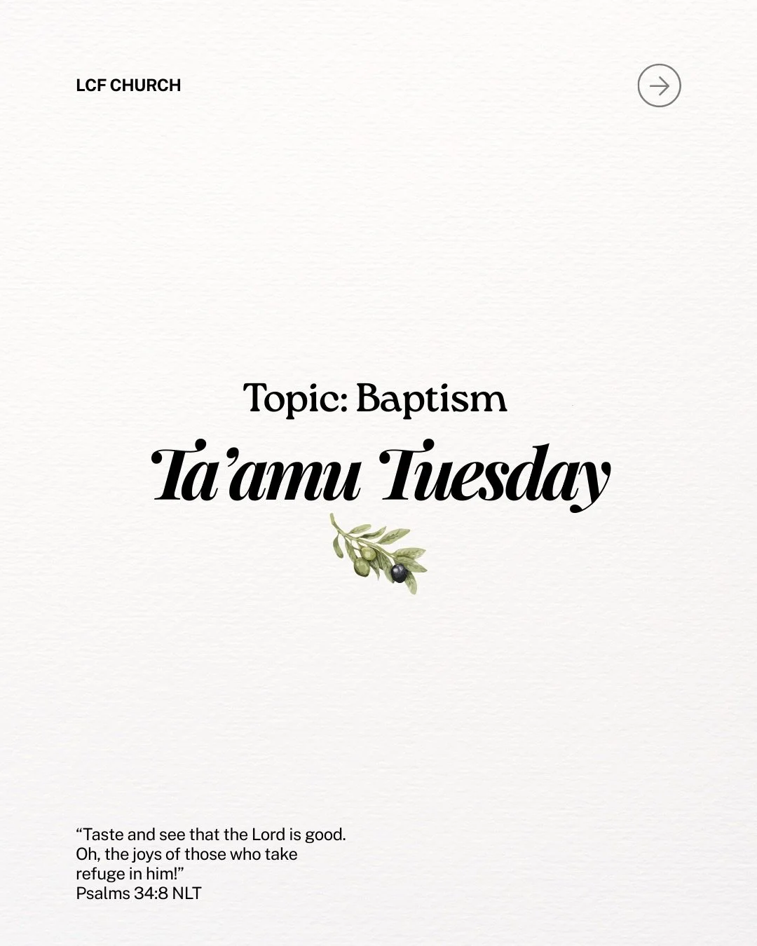 🫒 TA&rsquo;AMU TUESDAY 🫒

After having 25 Baptisms this Sunday, it was our most voted topic for this week!💧 

Take it in&hellip; reflect and pray! 🤍 

Have a blessed week! Our baptism post is upcoming👀 

#baptism #lutonchurch #churchluton #elim