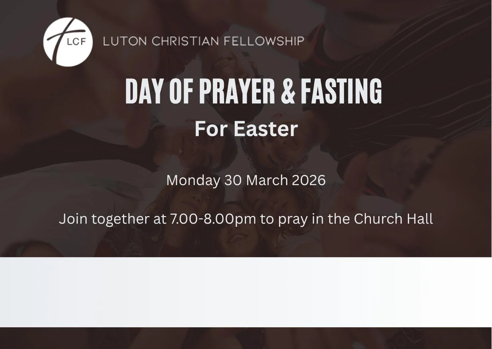 Day of Prayer &amp; Fasting 🙏
As we prepare for Easter, let&rsquo;s come together to seek God and stand in faith as a Church.
📅 Monday 30th March
🕖 7&ndash;8PM
📍 Church Hall