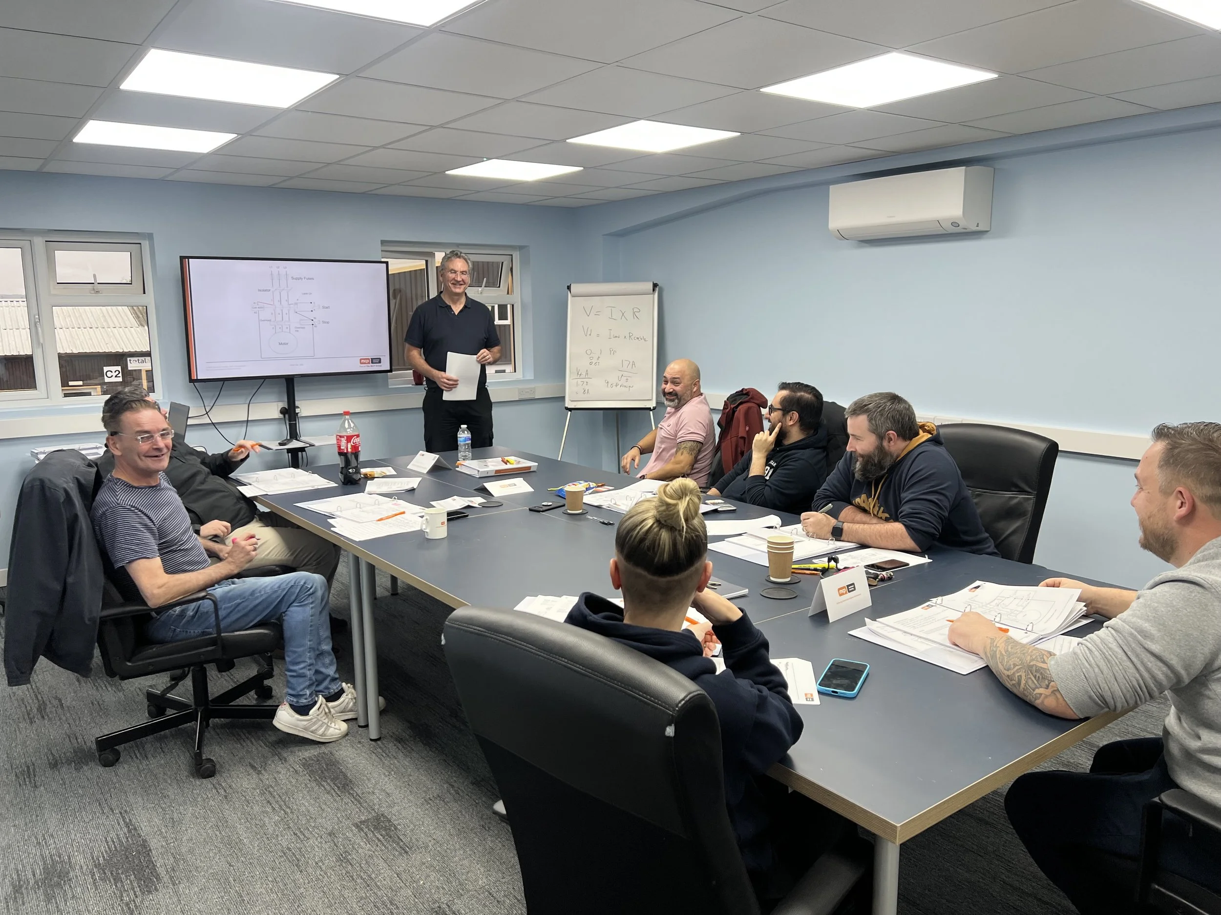 A man stands at the front of a conference room, giving a presentation to a group of eight seated people. There is a large screen with a diagram, a whiteboard with handwritten notes, and the attendees are engaged with documents and notebooks on the ta