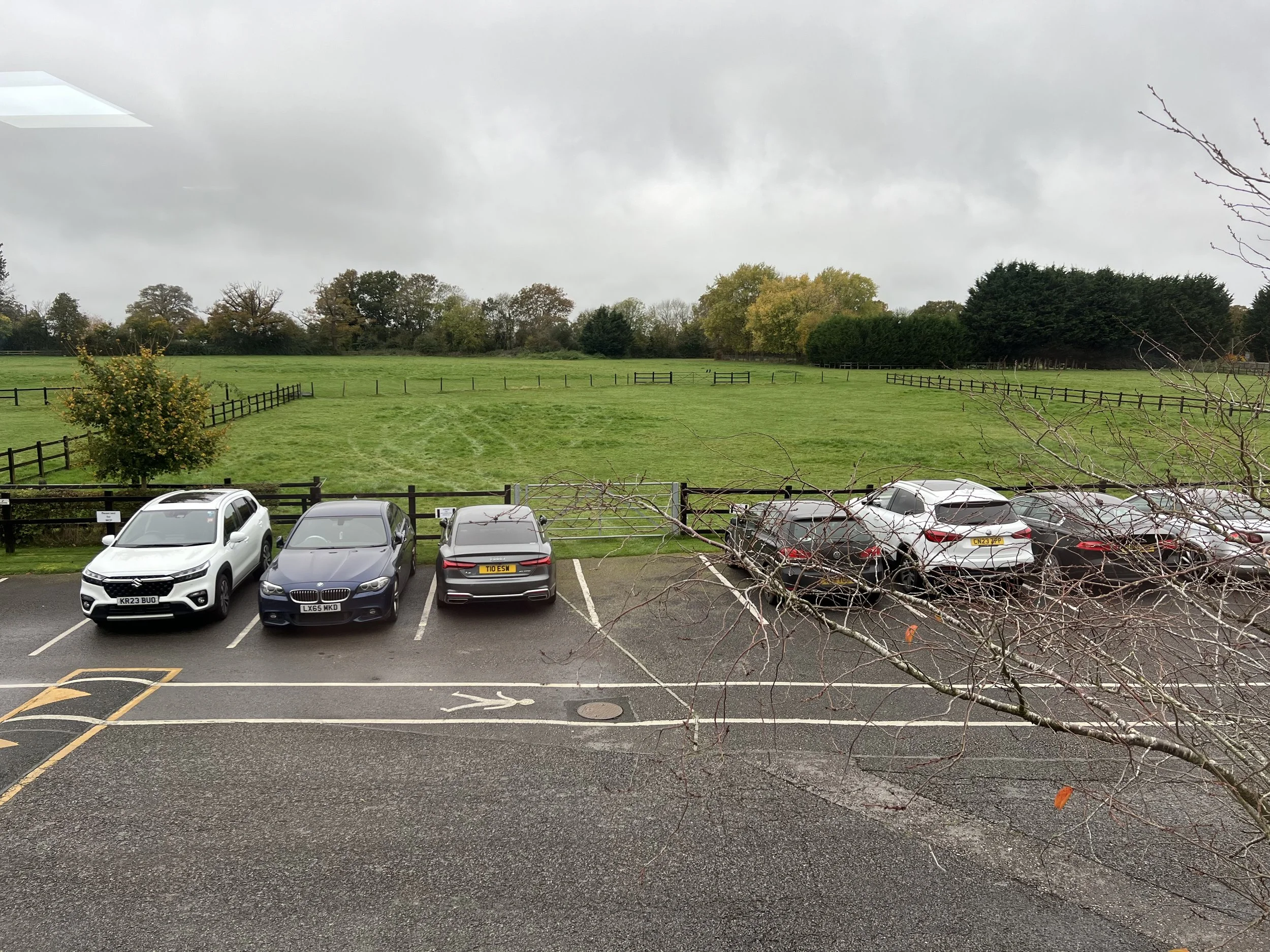 Parking lot with seven cars adjacent to a green field and trees under a cloudy sky.