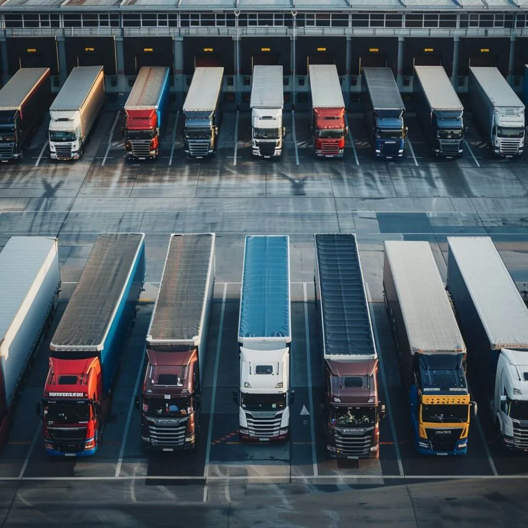 Aerial view of a modern European freight terminal with multiple long-haul trucks and trailers lined up at loading bays, representing carrier selection and freight procurement.