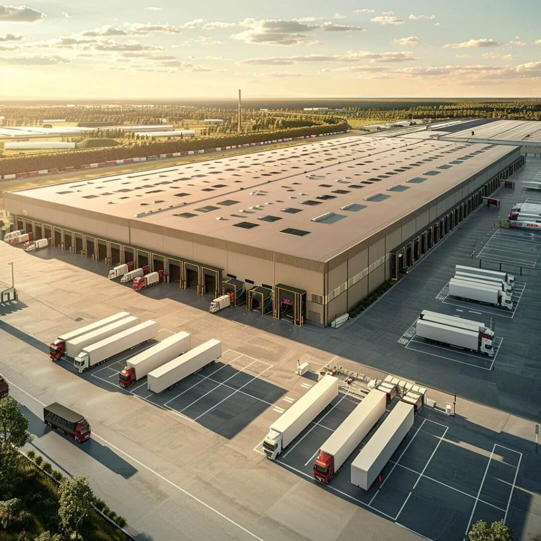 Aerial view of a modern European 3PL distribution center with multiple dock doors and varied semi-trailers, illustrating carrier comparison and structured freight procurement.