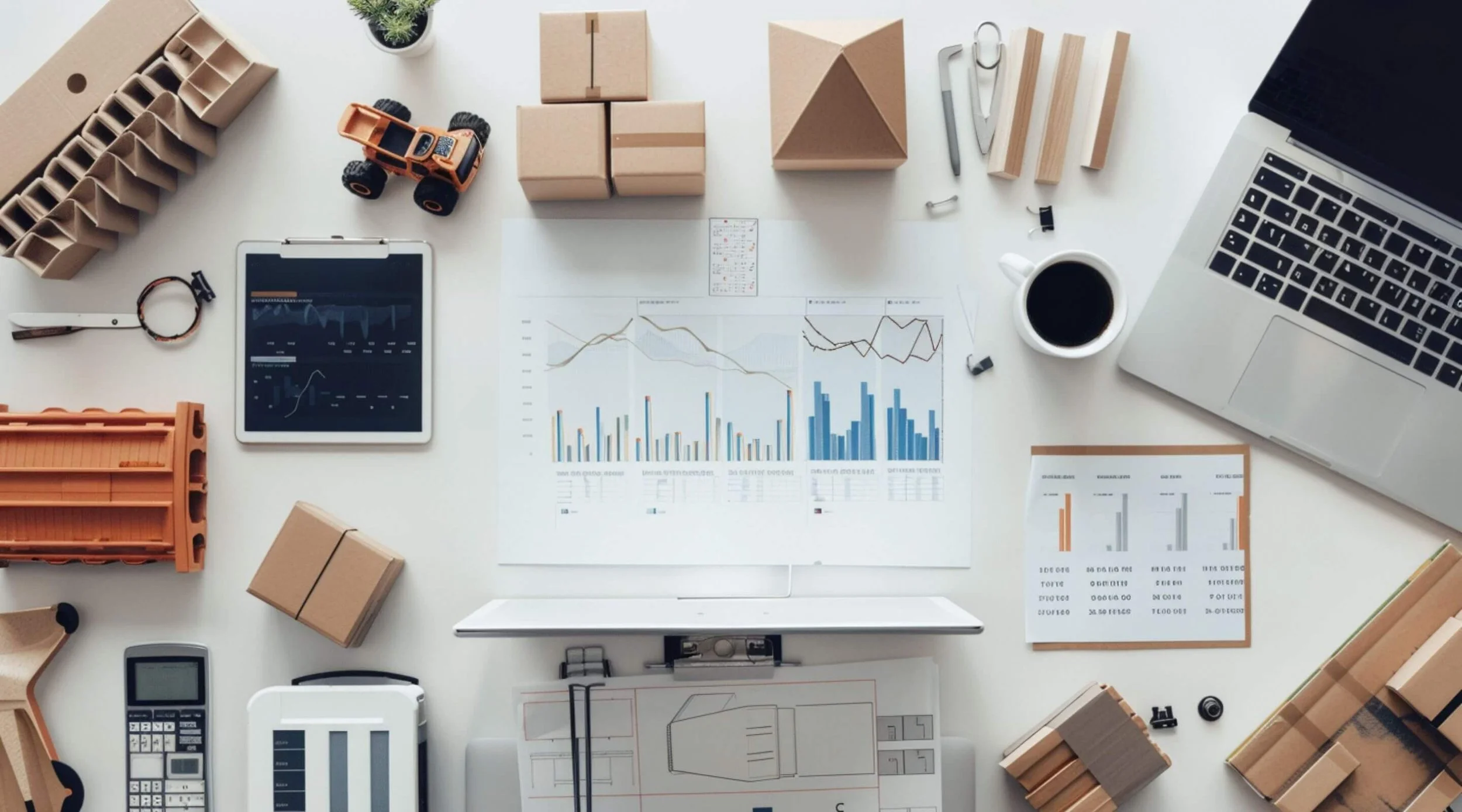 Översiktsvy av logistik- och supply chain-analys med laptop, diagram, paket och planeringsmaterial på skrivbord – symboliserar interim supply chain-ledning och operativ kontroll.