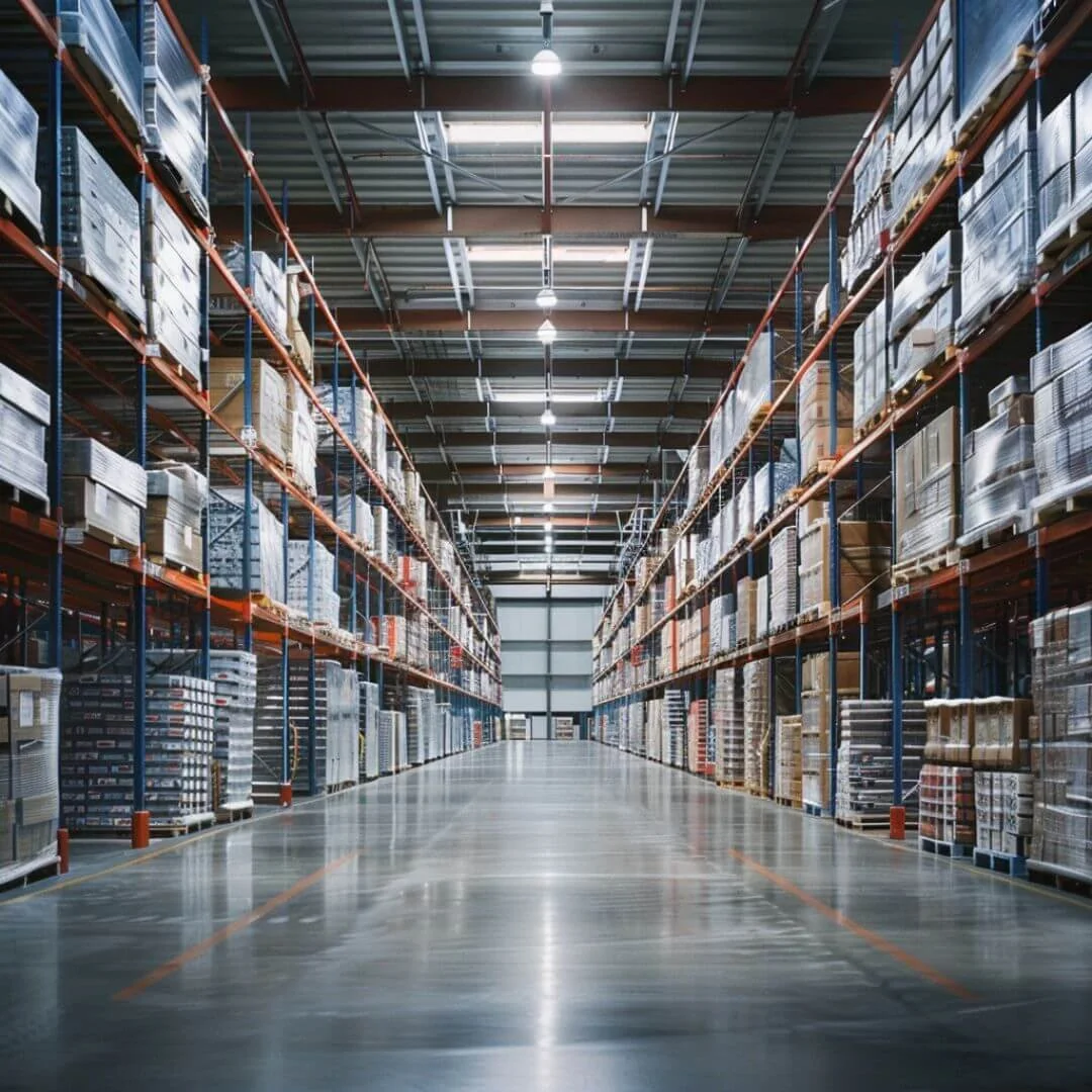 Modern europeisk 3PL-anläggning med höga pallställ, breda truckgångar och organiserade industriprodukter – realistisk VMI-miljö i ett modernt distributionslager.