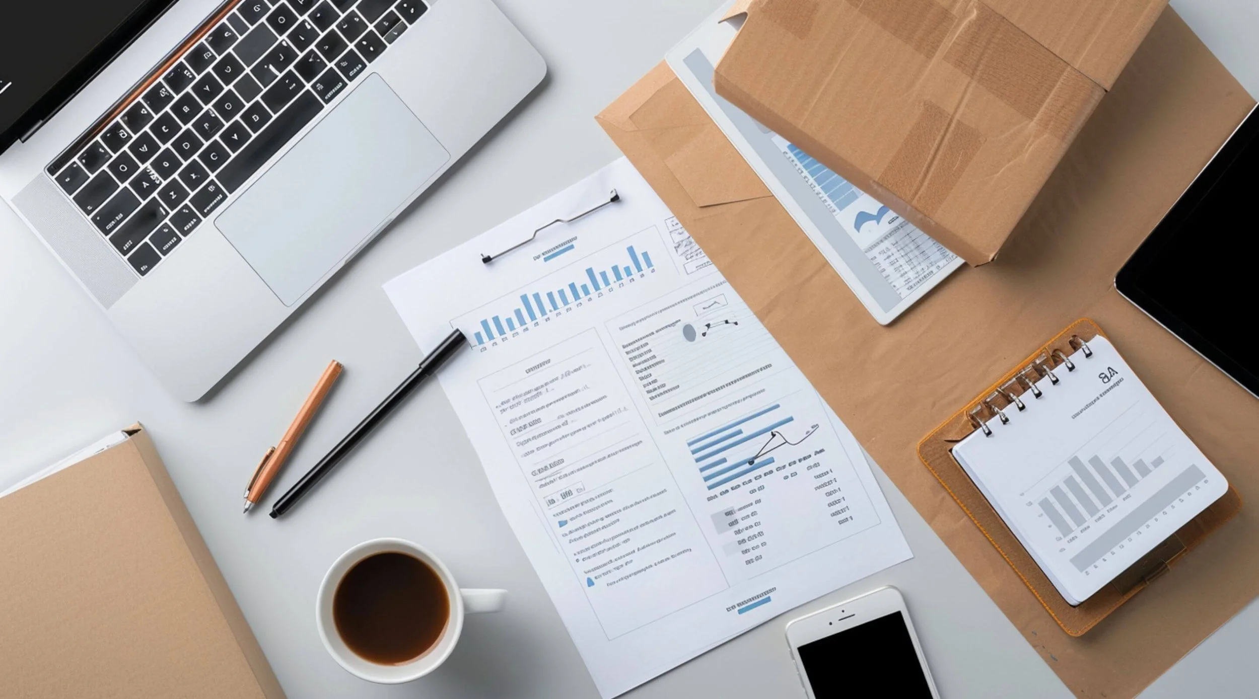 Flatlay med laptop, fraktanalys, kostnadsmodeller, RFQ-dokument och paket – visualisering av datadriven 3PL-upphandling och logistikoptimering.