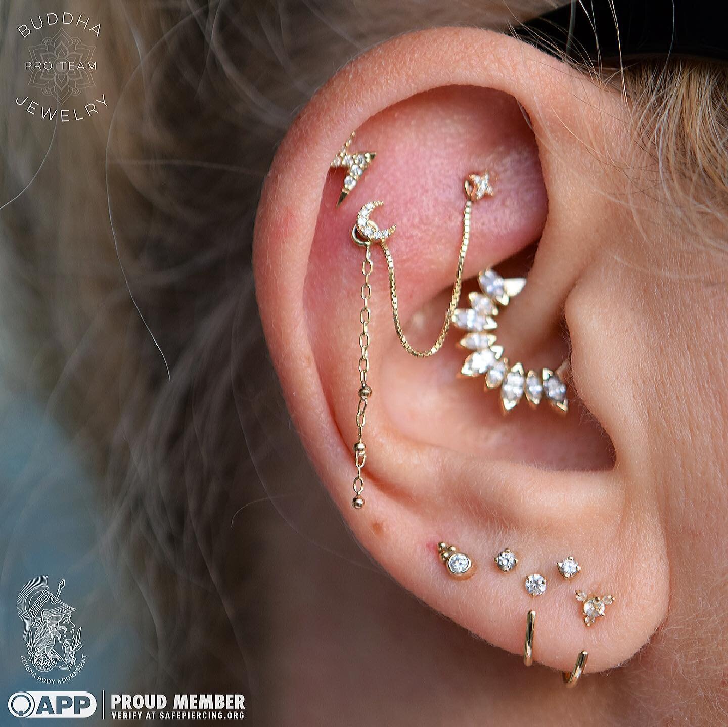 The penultimate curation on the one and only radiant Rebecca!  We&rsquo;ve been working on her dream ear for quite awhile now, adding her #helixpiercing #fauxrook #daithpiercing #flatpiercing and #stackedlobe piercings over the years.  Featuring genu