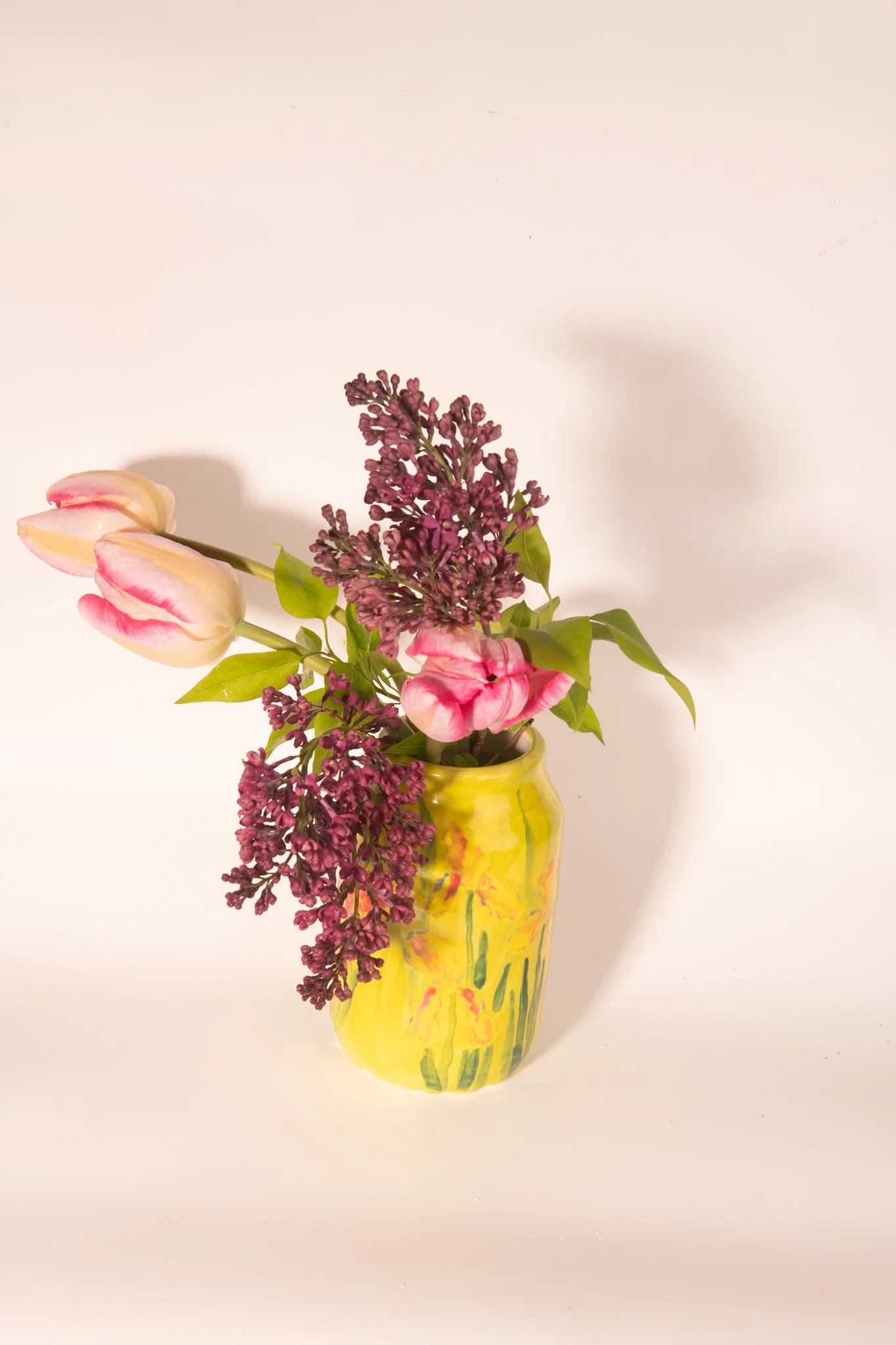 Handmade Ceramic Vase with Multi-colored Iris Closeup