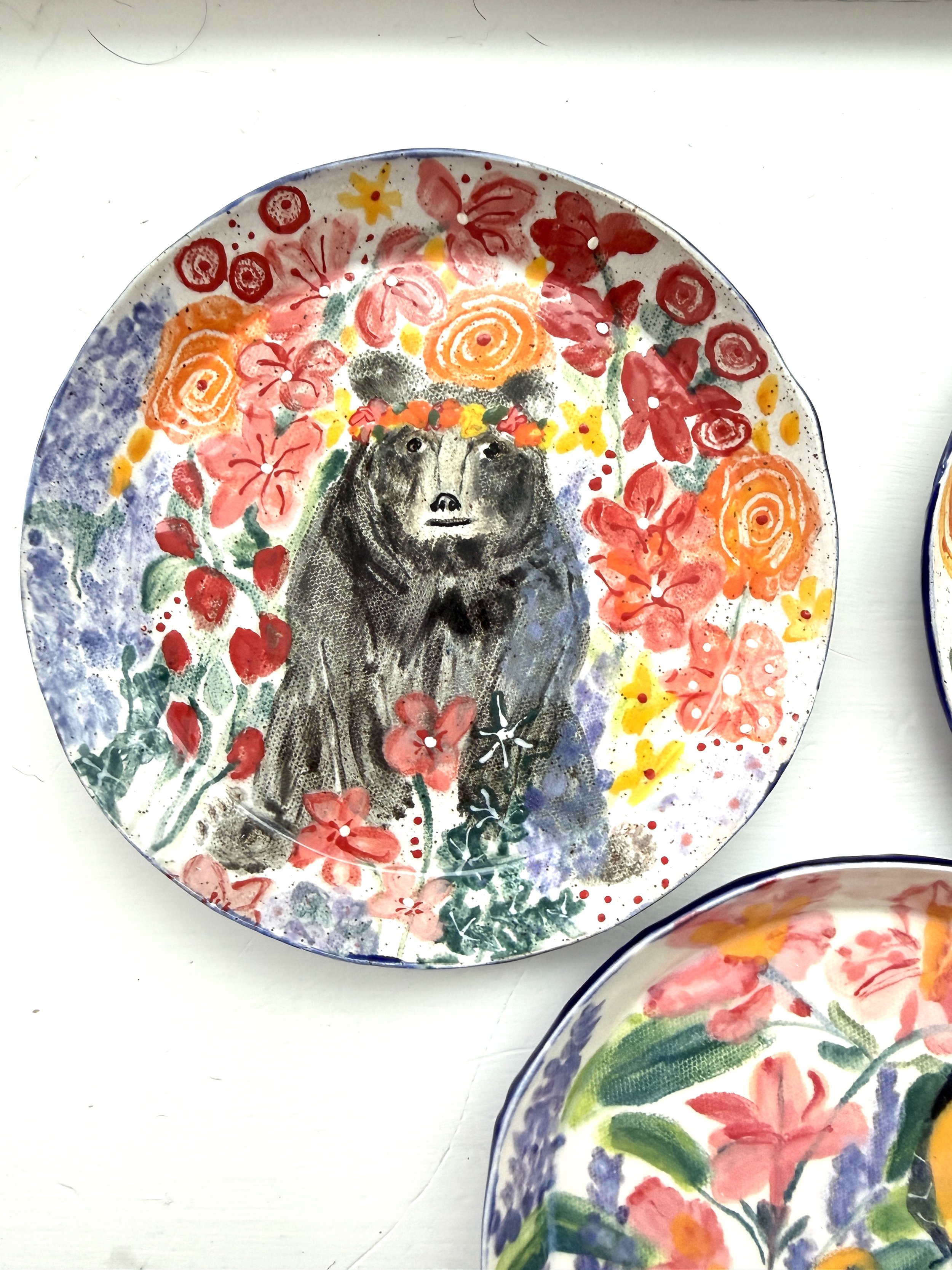 Ceramic Plate with Black Bear and flowers