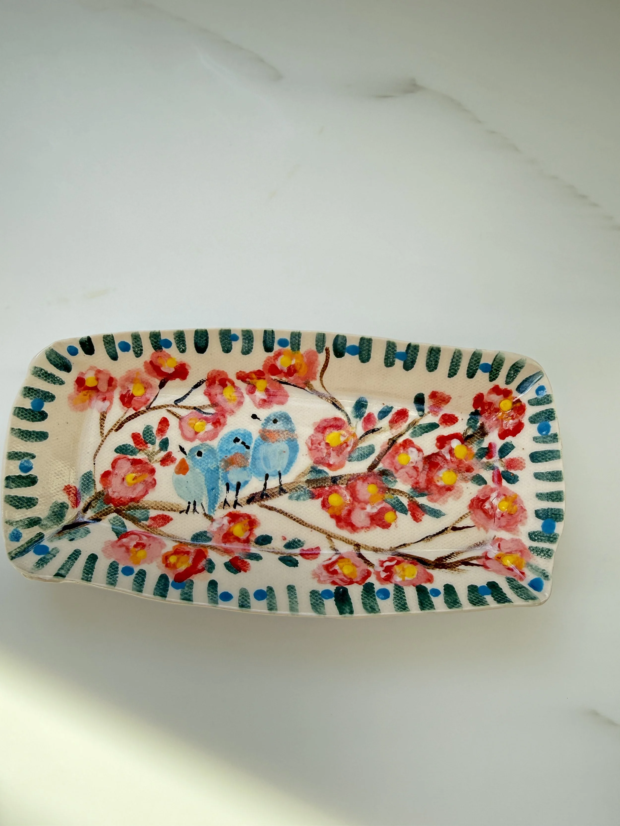 Handmade Ceramic Plate with hand painted blue birds