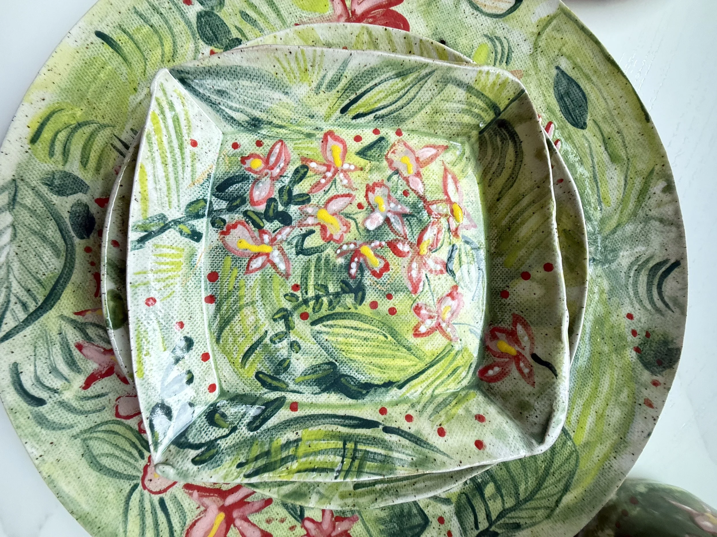Square Tropical Orchid Dessert Plate with Orchids