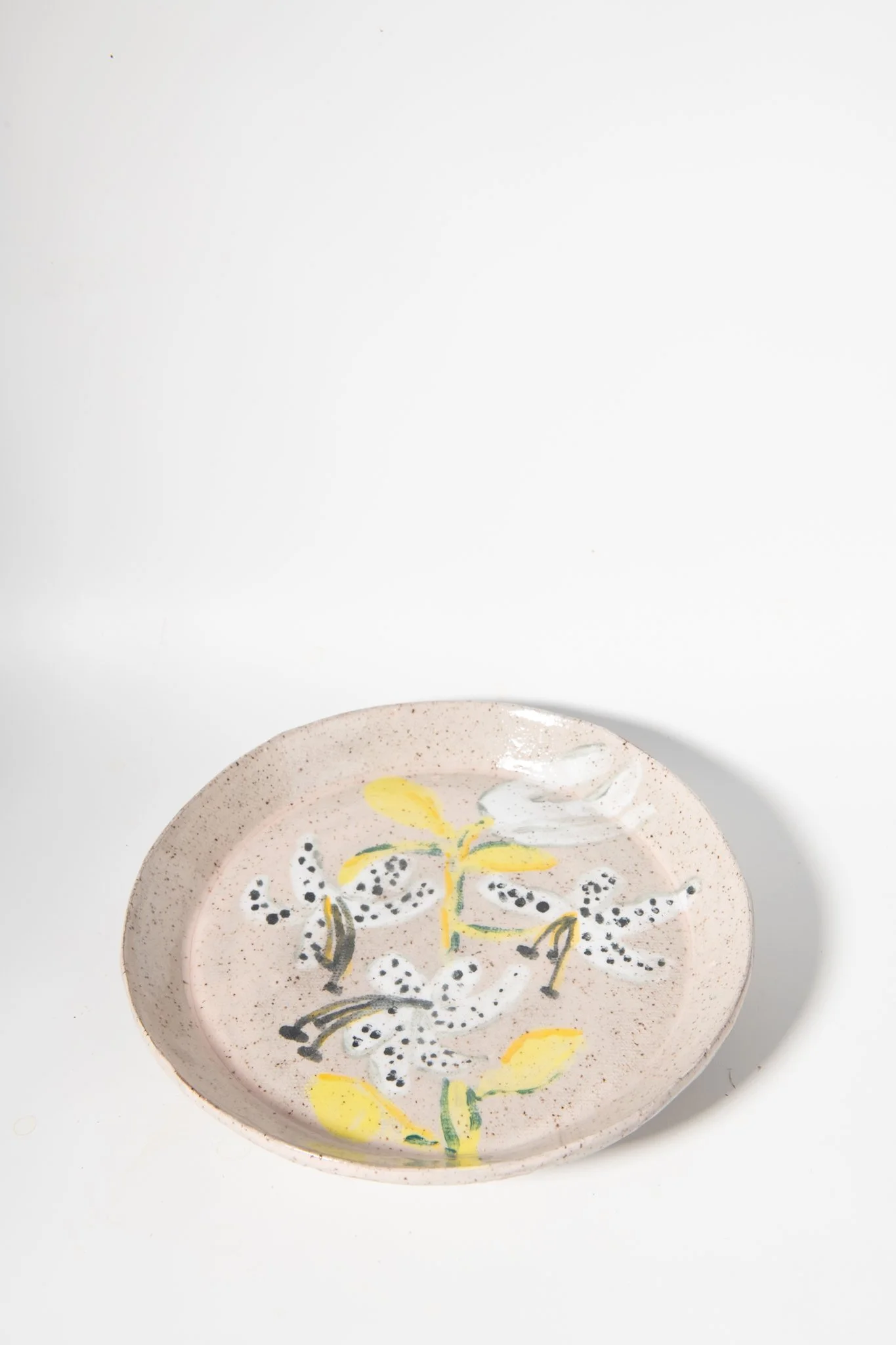 Handmade Ceramic Footed Dessert Plate with Spotted Lillies
