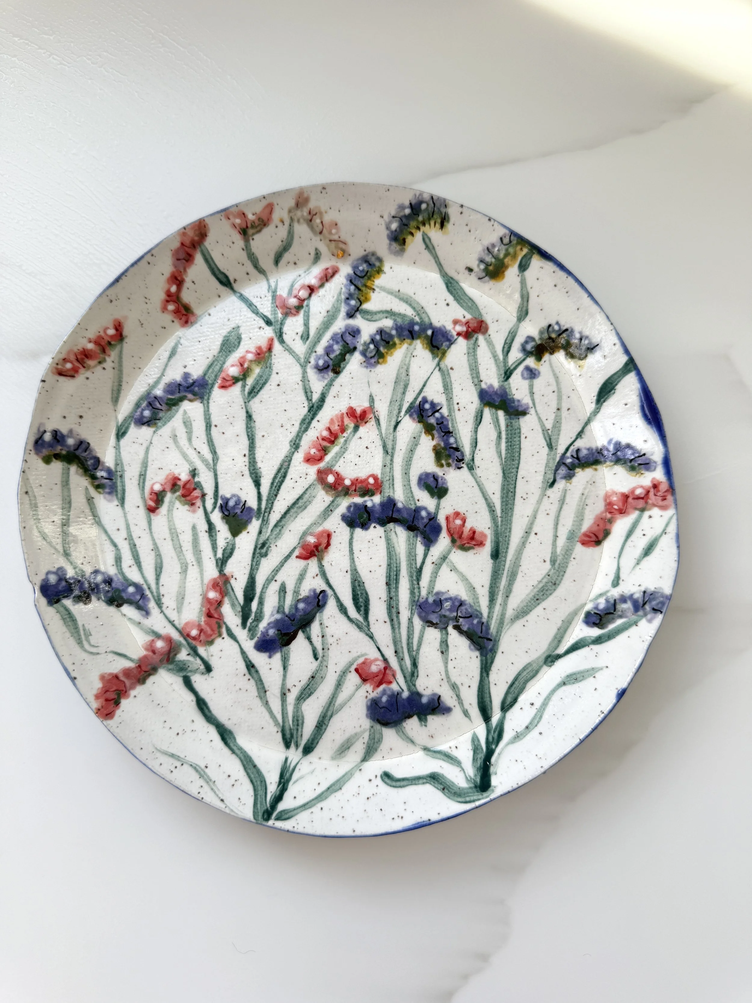 Pink and Purple Statice Flowers hand painted ceramic plate