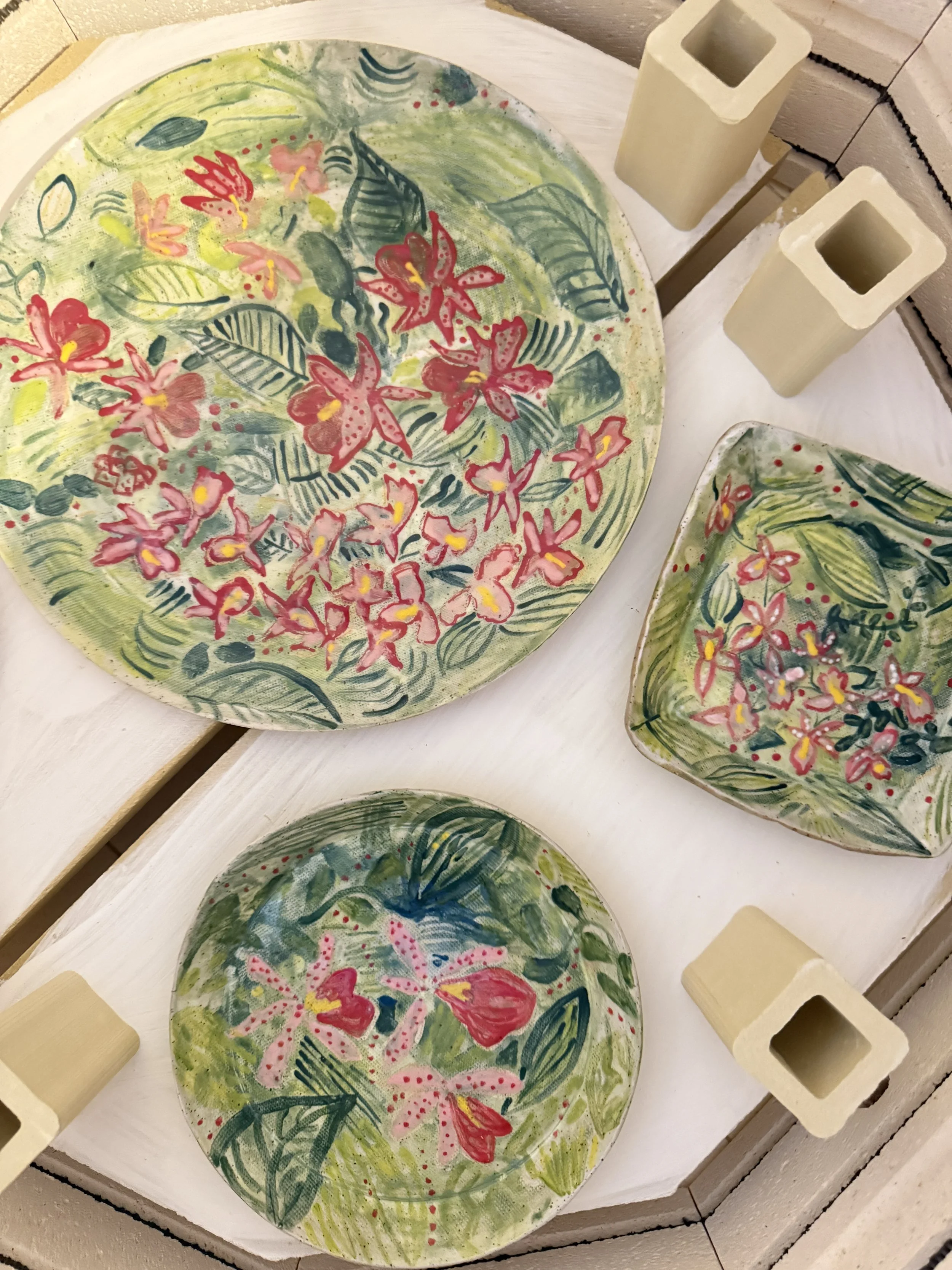 Handmade Tropical Orchid Plate Coming Out of the Kiln