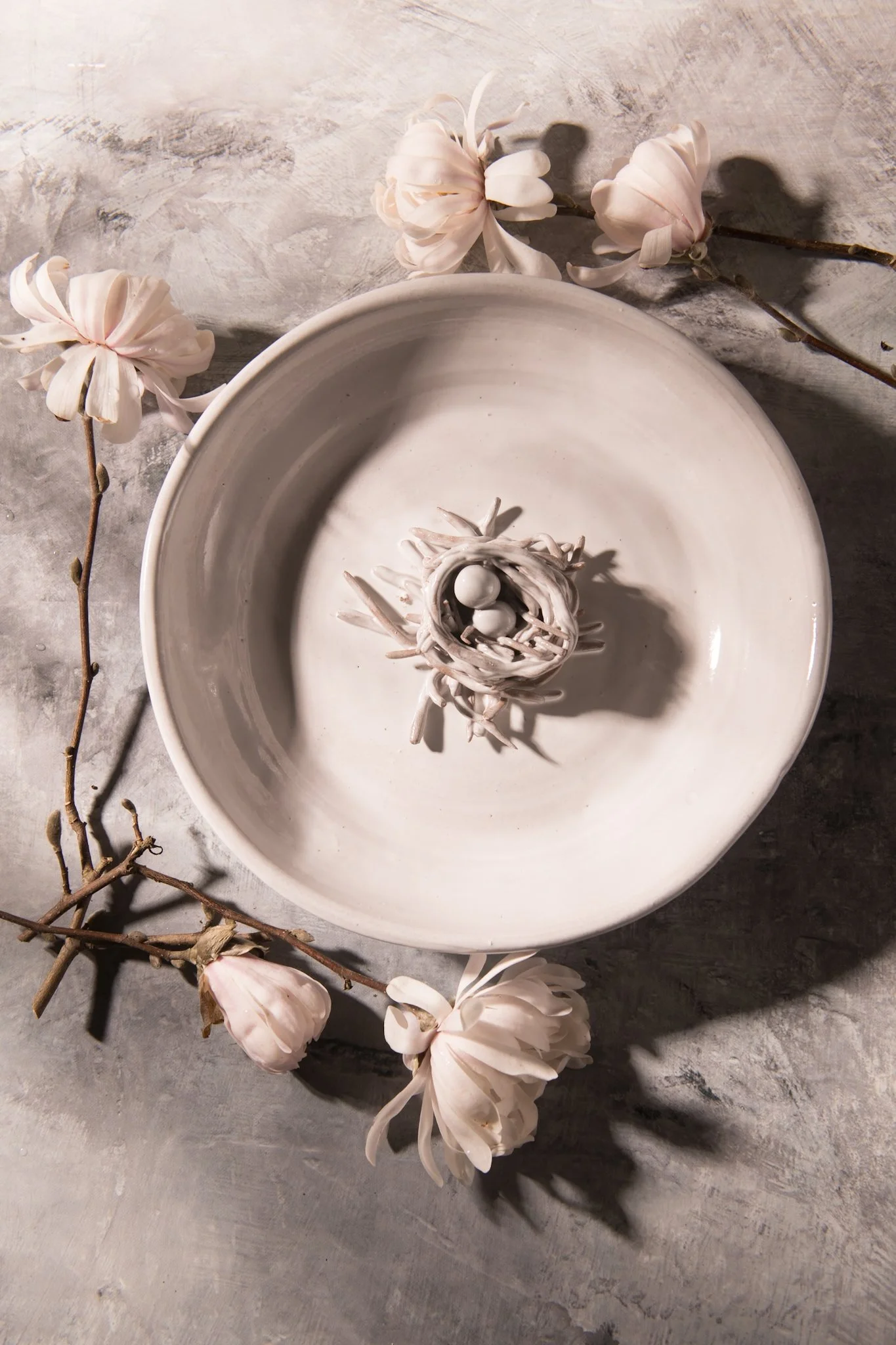 Handmade Ceramic Birdbath with Nest of Eggs Perch and Pedestal