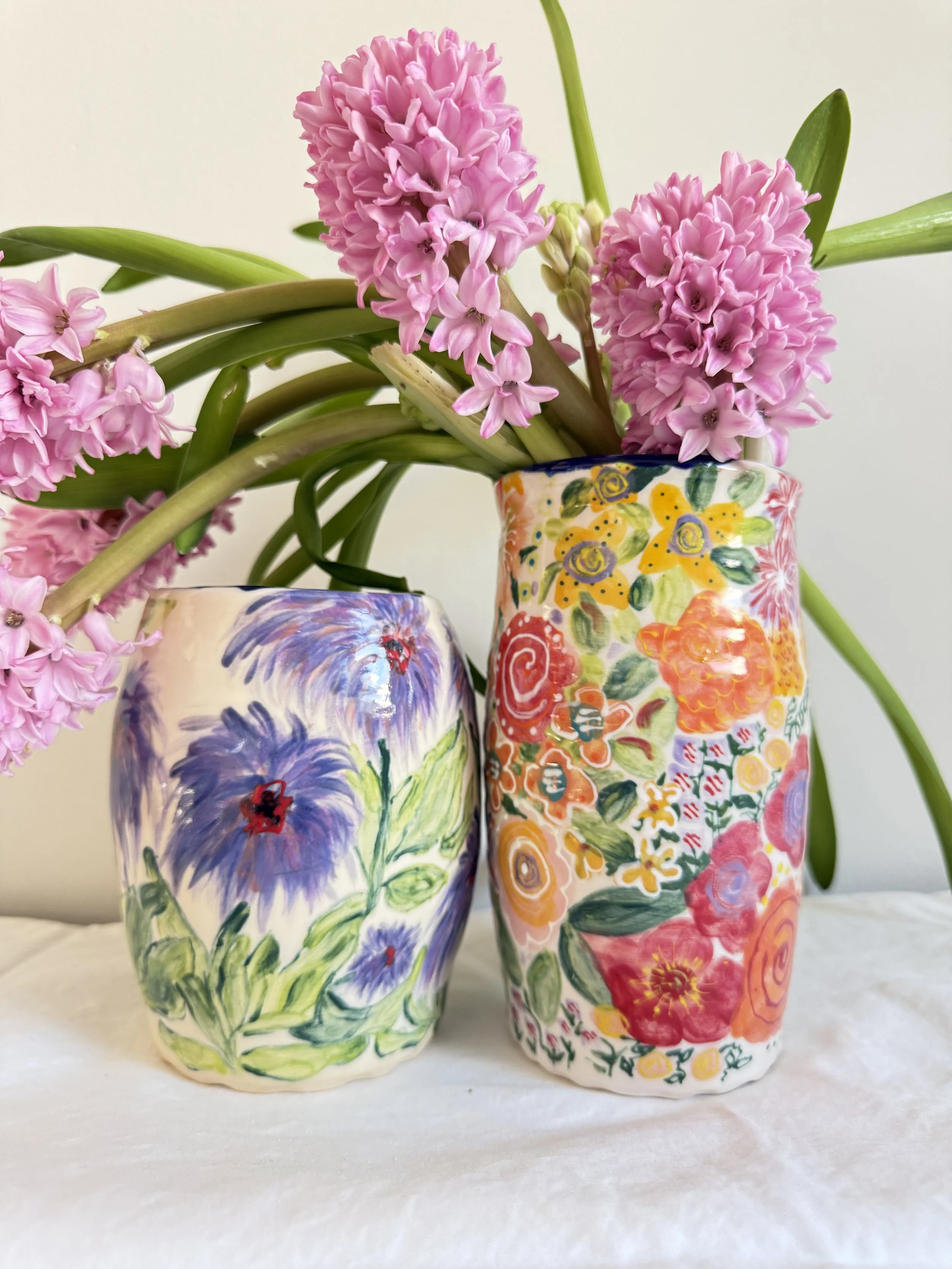 Handmade Pottery Vase- Hand Painted Purple Dahlia