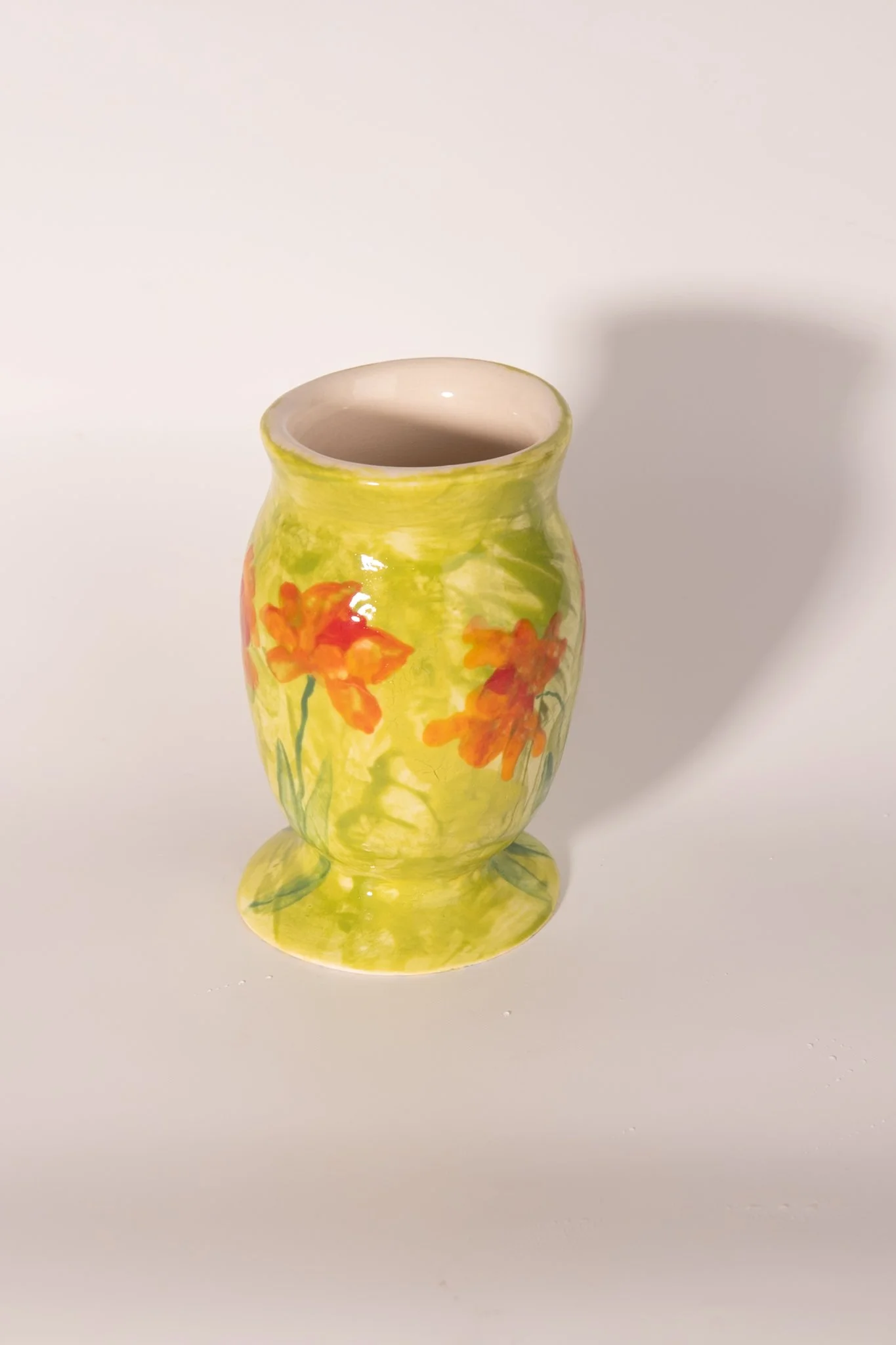 Handmade Yellow Green Vase with Orange Poppy Flowers