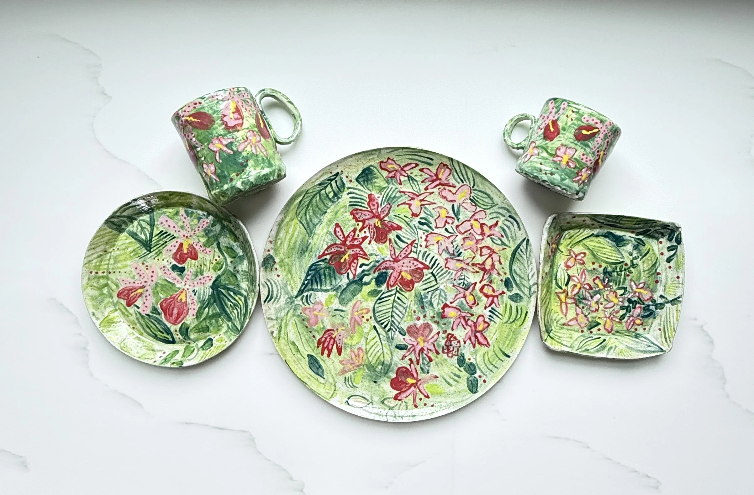 Handmade Tropical Orchid Plate with other pieces from collection