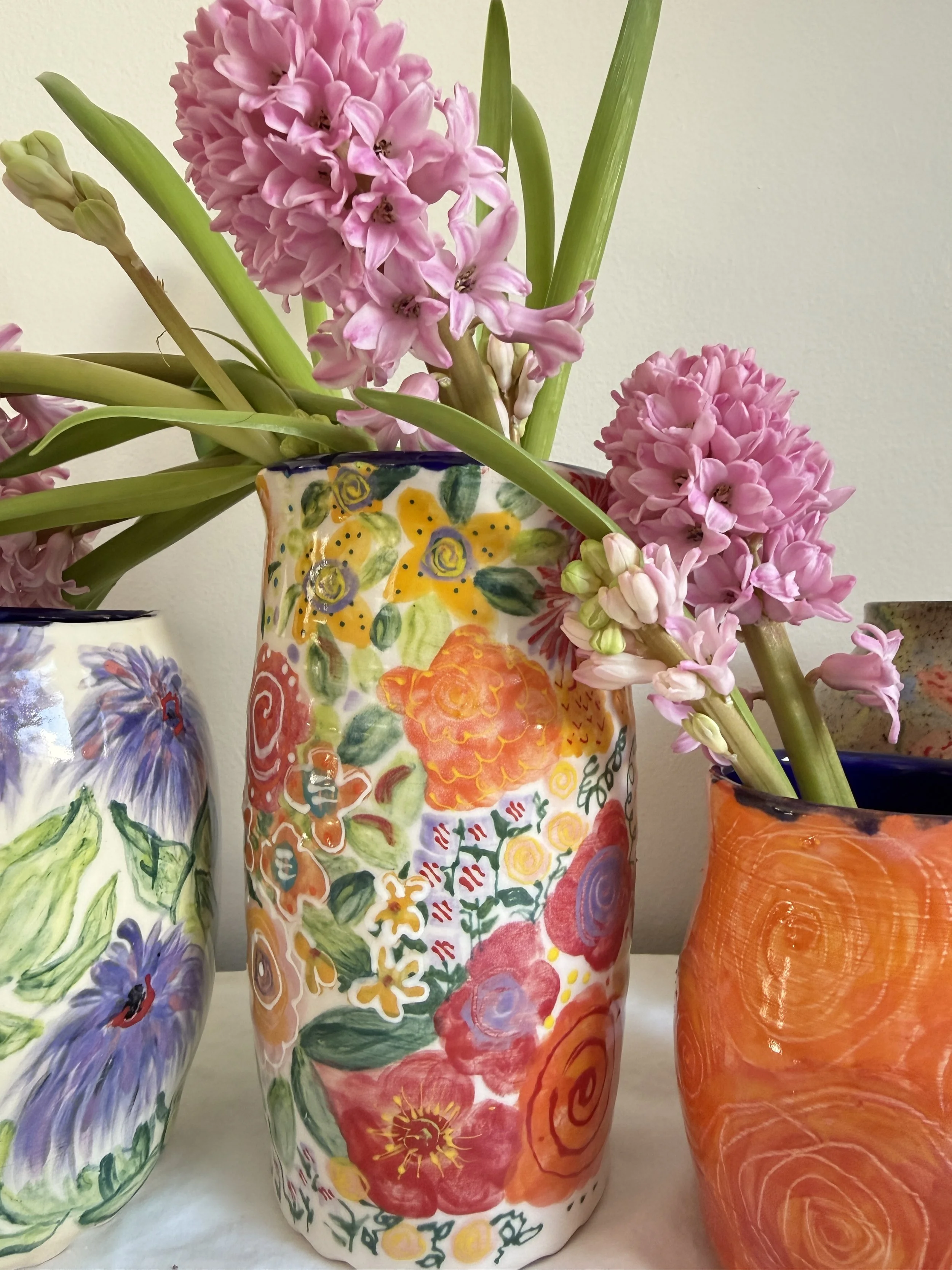 Handmade Pottery Vase- Mixed Botanical Hand Painted