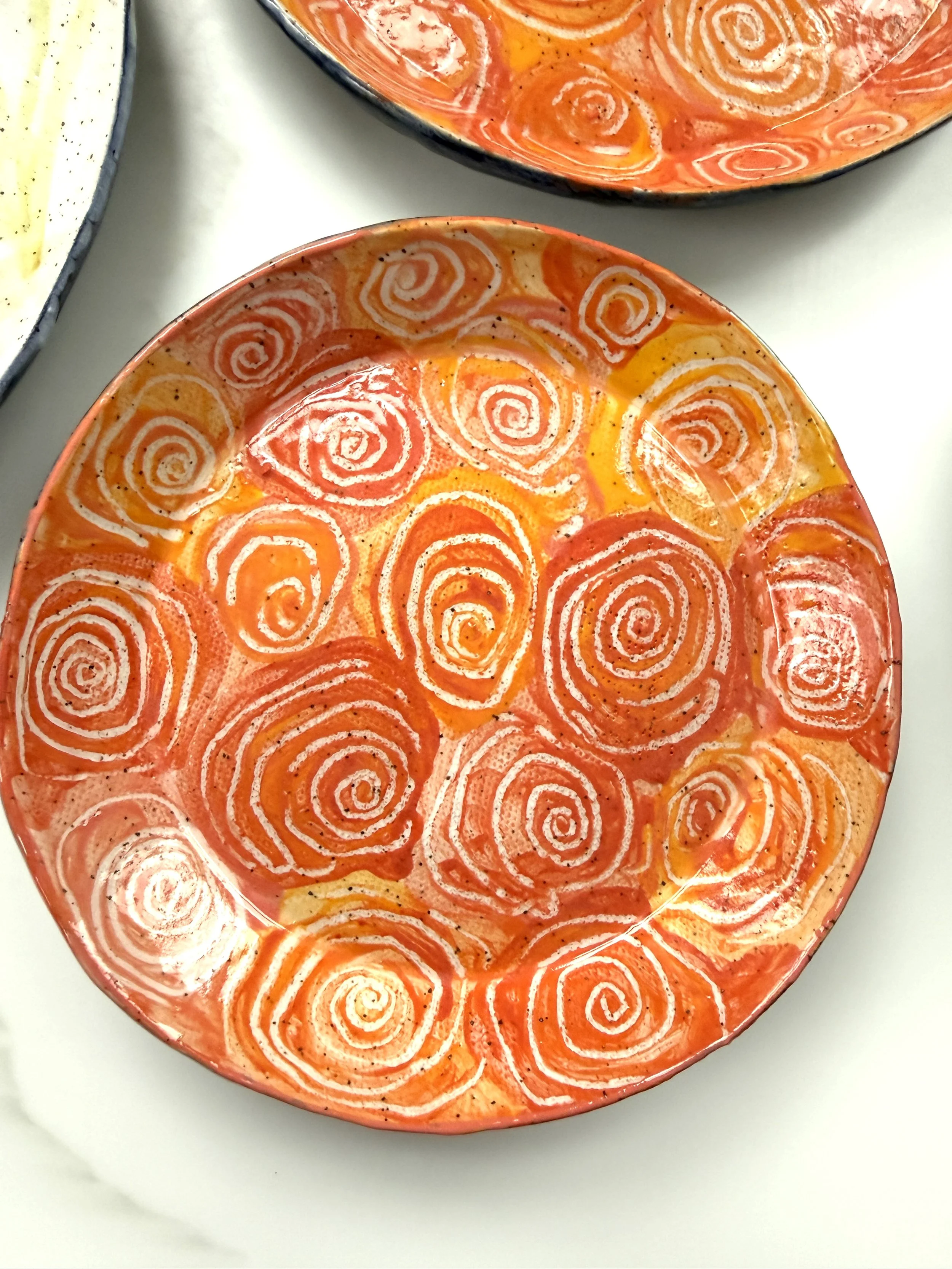 Handmade Ceramic Plate with Abstract Orange Flowers