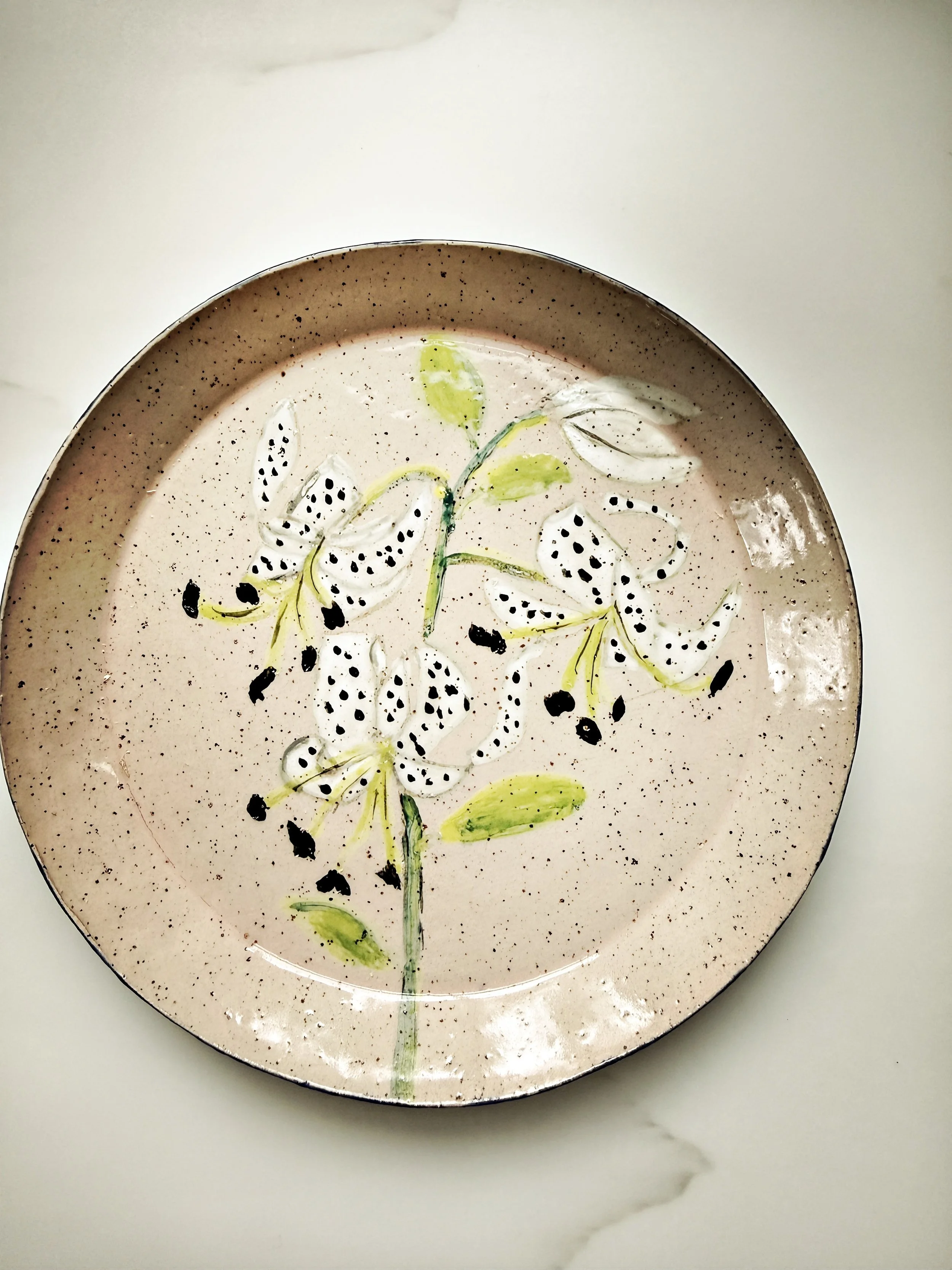 Handmade Ceramic Plate with White Spotted Lilies