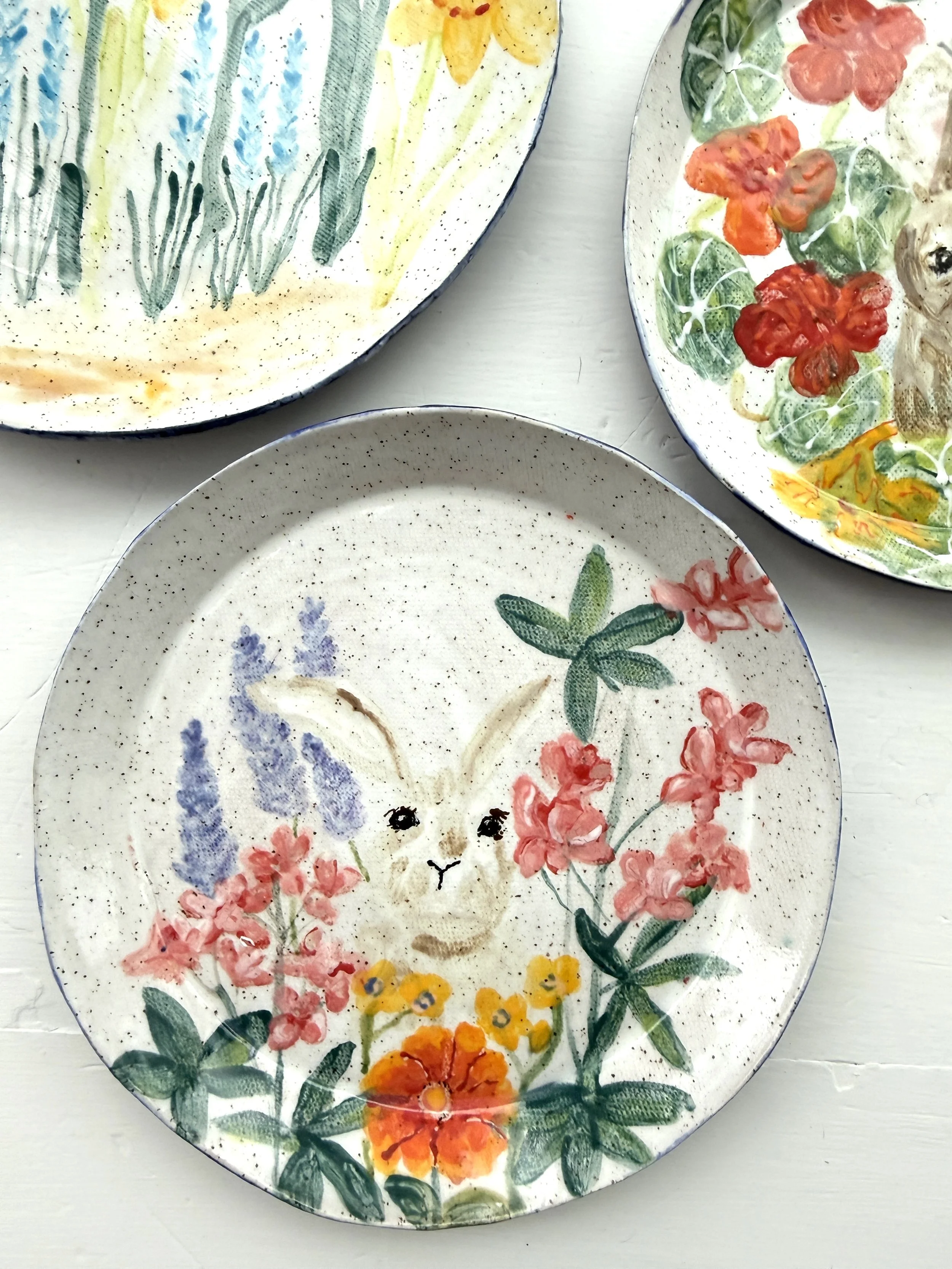Bunny on Ceramic Plate in Flower Garden