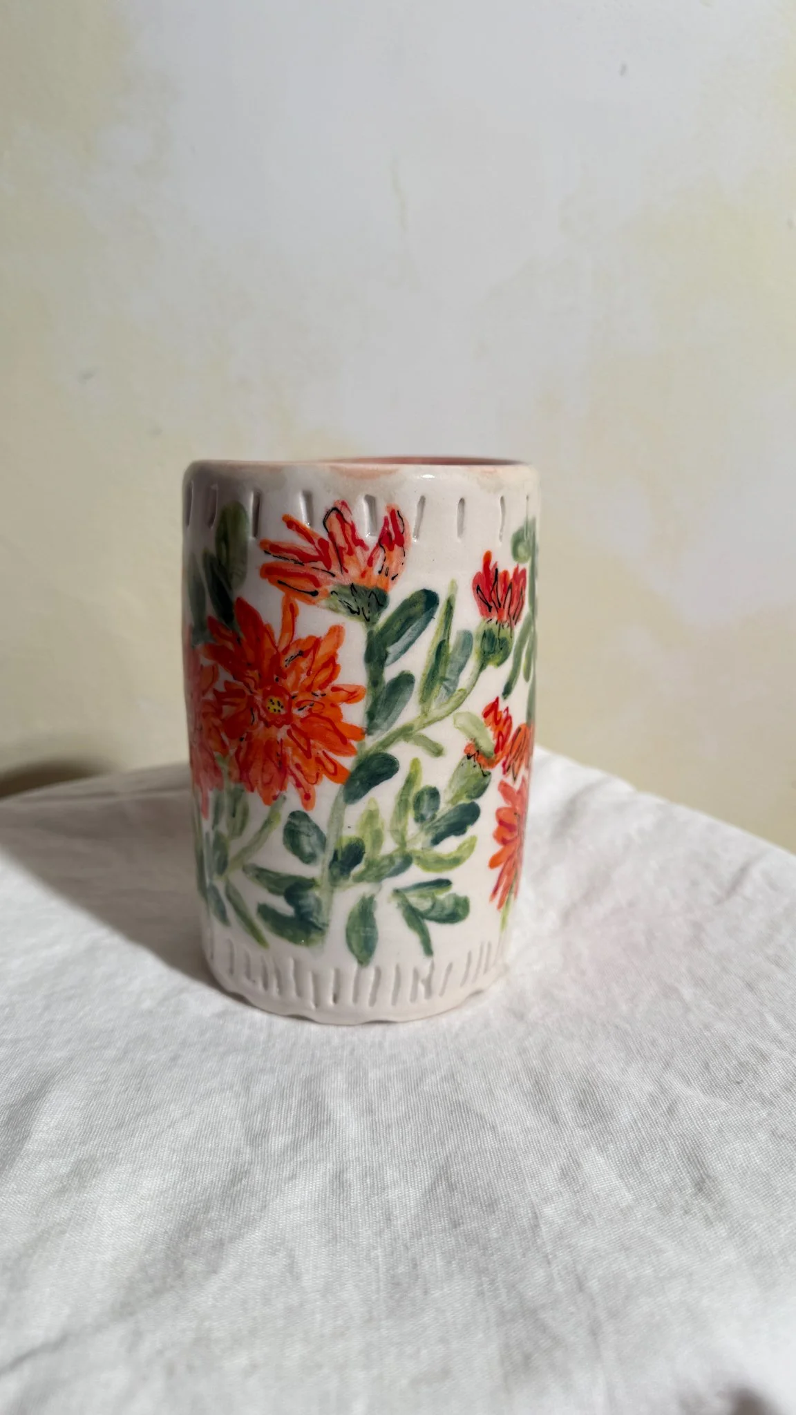 Orange Calendula Flowers- Handmade and Hand Painted Flower Vase