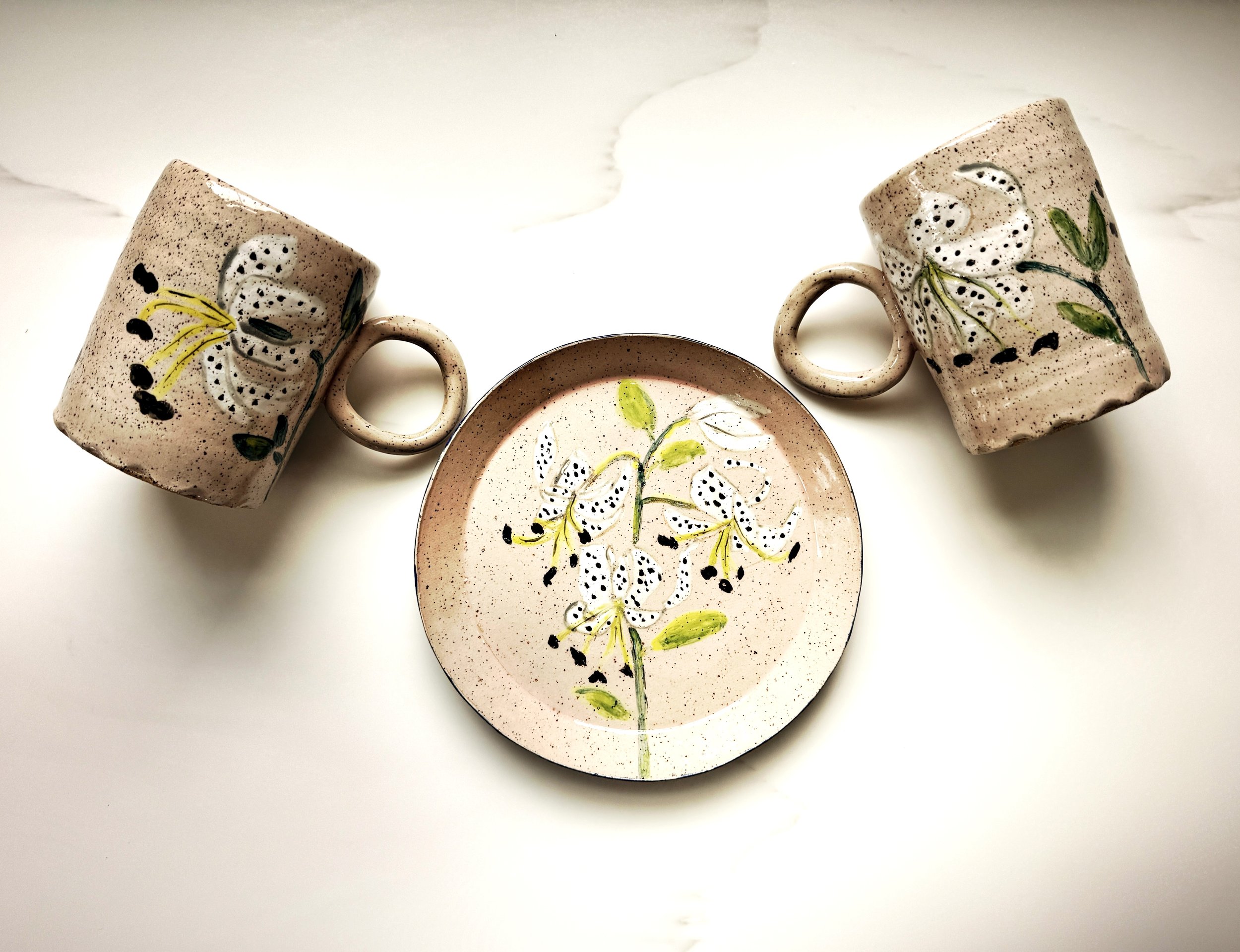 Handmade Ceramic Plate with White Spotted Lilies and matching set of mug