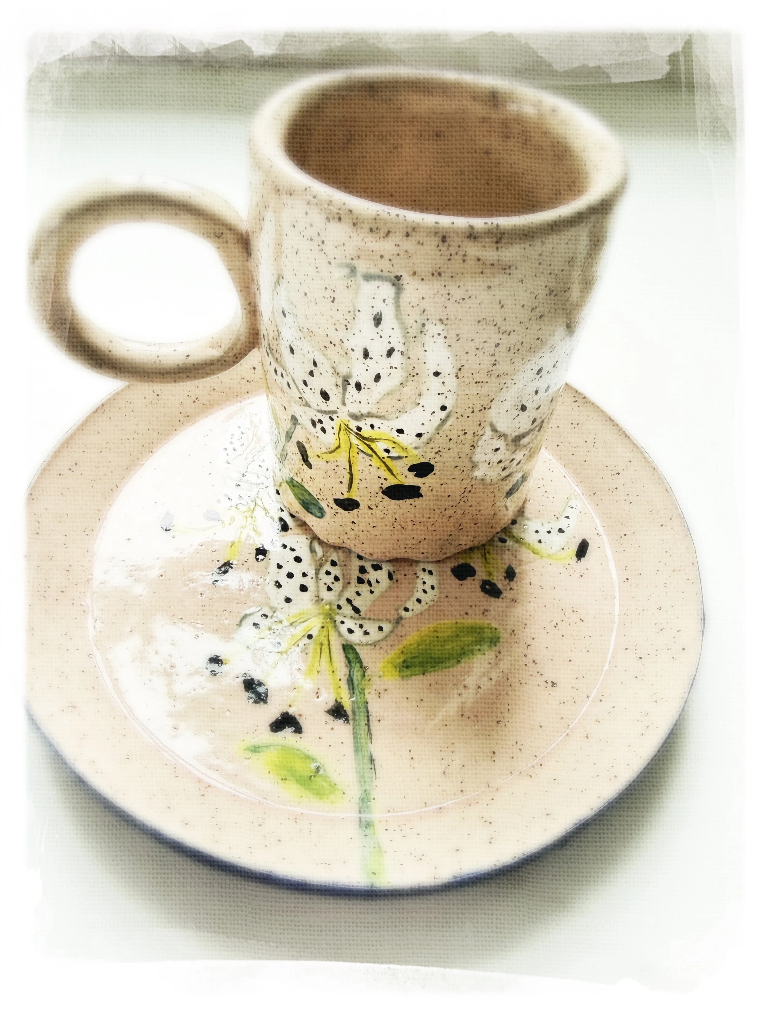 Handmade Ceramic Plate with White Spotted Lilies and matching mug