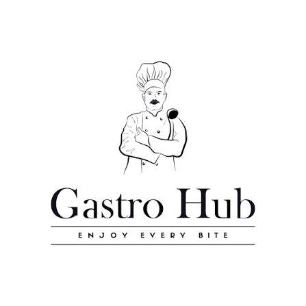 Logo for Gasto Hub featuring a line drawing of a chef with a mustache, chef's hat, arms crossed, and a spoon on the shoulder, with the tagline 'Enjoy Every Bite'.