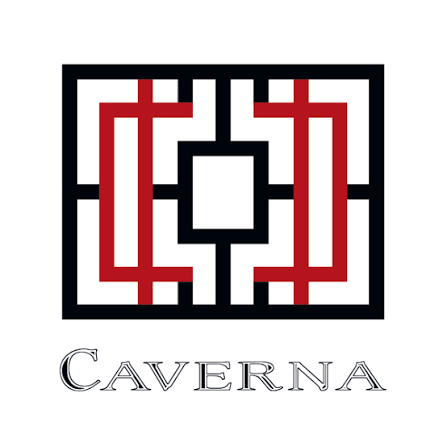 A black and white logo with interlocking geometric shapes and red accents, with the word 'CAVERNA' in stylized font below.