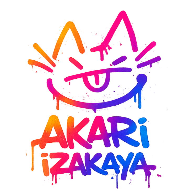 Colorful neon-style illustration of a smiling sun with sunglasses, with the words "Akari Izakaya" below.