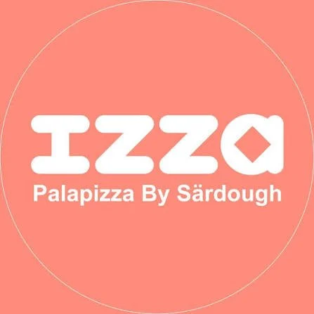 Logo for Izza, a pizza restaurant, with the tagline 'Palapizza By Sardough' on a pink background.