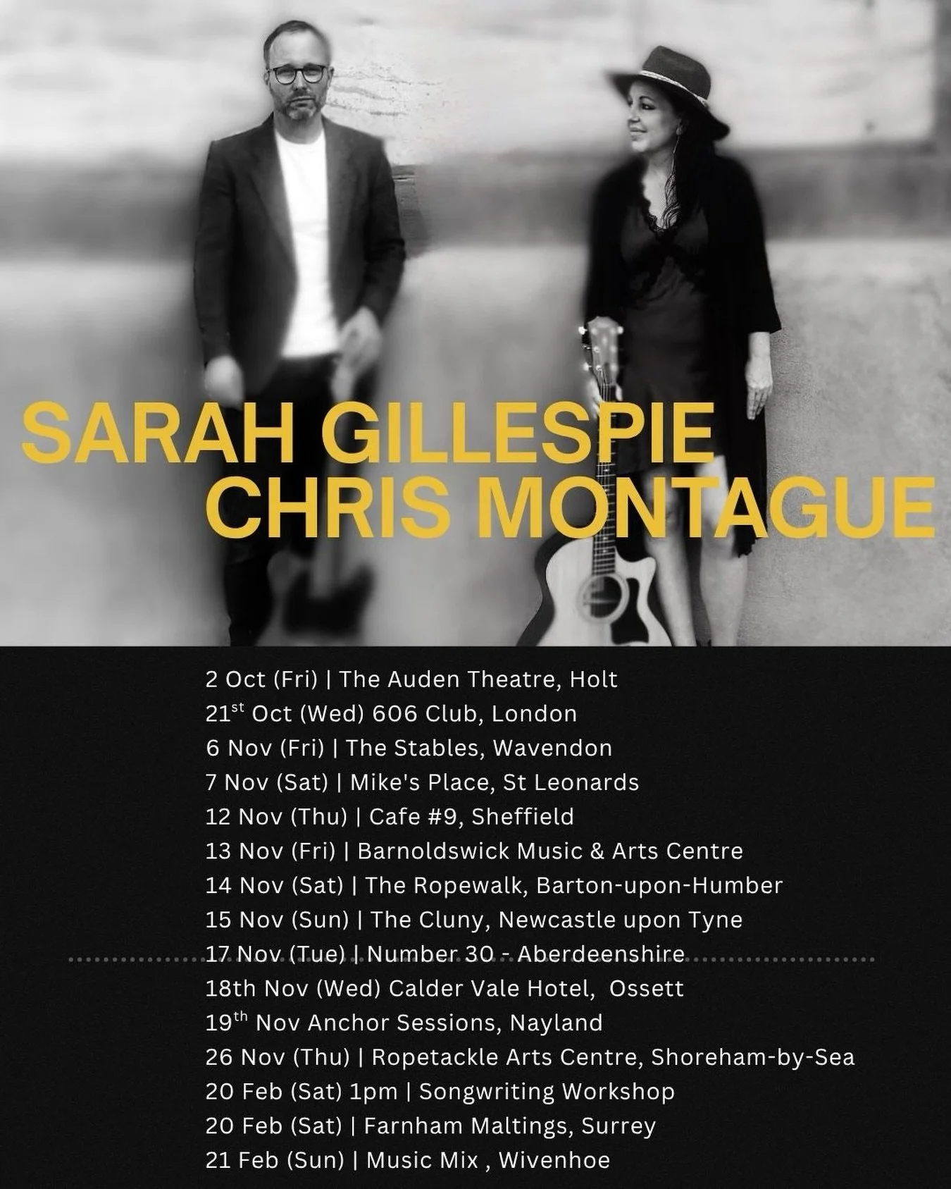 Lots of dates coming up and more coming soon with @chrisrmontague62 🎶🎸

Come and see us in the UK &hearts;️

2 Oct // with @ariasoulmusic @greshams_school Auden Theatre 

21st Oct // with @gwyneth_herbert @606club 

6th Nov // @stablesmk 

7th Nov 