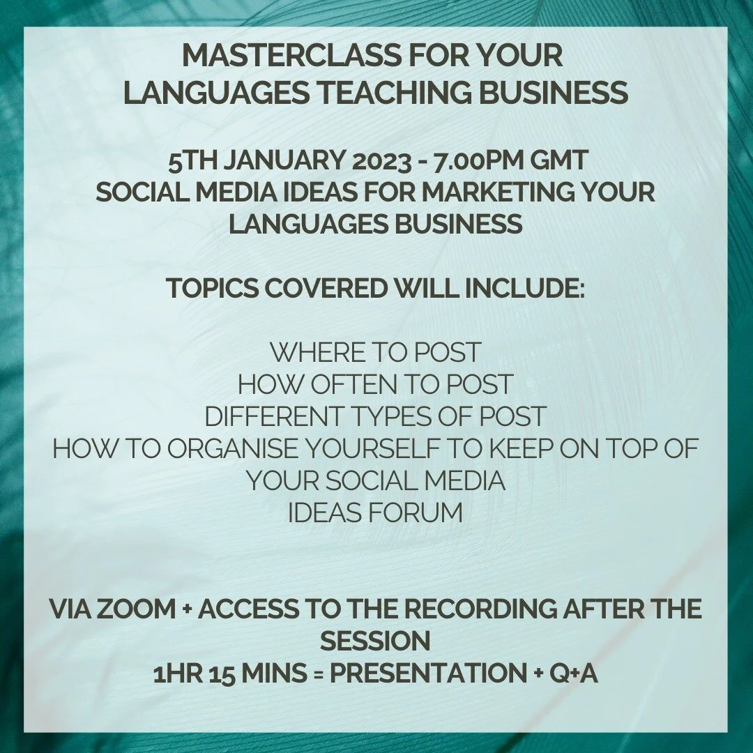 I'm buzzing after my first masterclass yesterday - it is so lovely to meet other languages businesses.
I love chatting to other people and helping them out - and learn from them too.
If you missed out you can get access to the recording and the sli