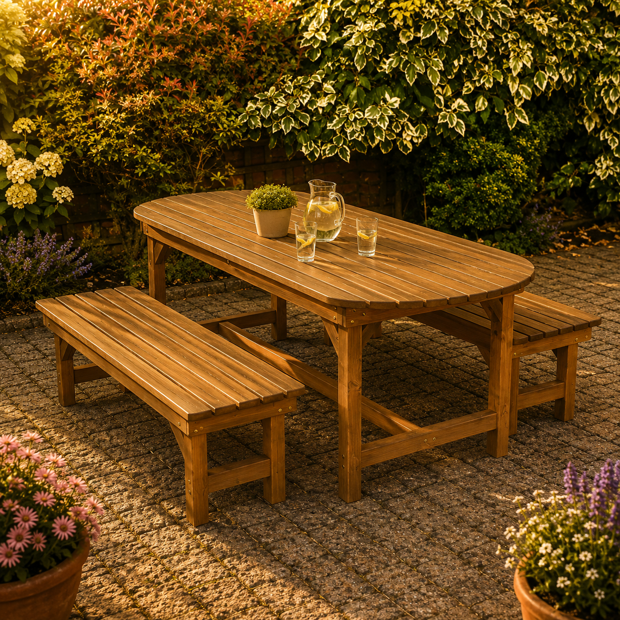 6FT Wooden Garden Table Set with Curved Edge & 2 forms