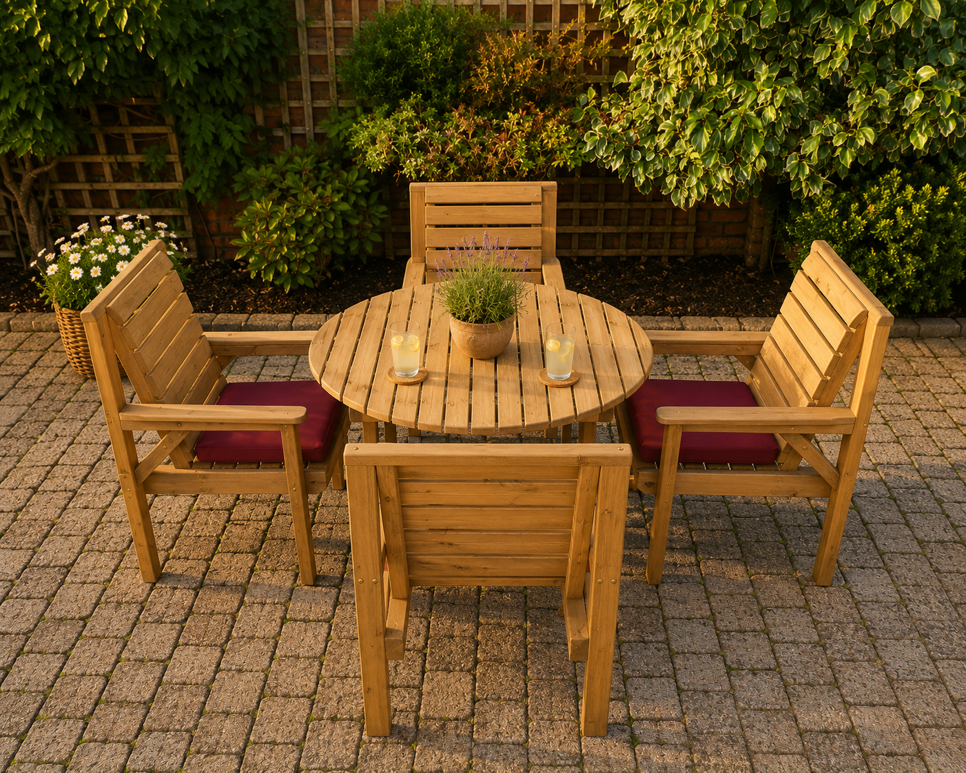 Patio Garden Set – 1.1 Metre Wooden Round Table & 4 Chairs