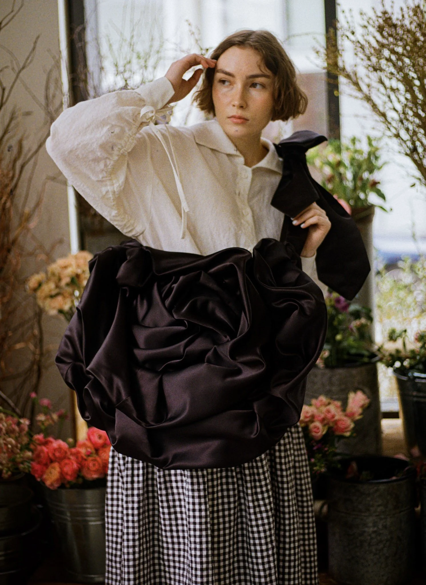 Large Rose Crossbody Black Satin